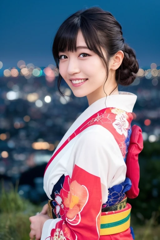 1girl,(wearing a cotton yukata),(on a hill overlooking a city:1.4),(fireworks in the background:1.3),(RAW photo, best quality), (realistic, photo-realistic:1.4), masterpiece, an extremely delicate and beautiful, extremely detailed, 2k wallpaper, Amazing, finely detail, extremely detailed CG unity 8k wallpaper, ultra-detailed, highres, soft light, beautiful detailed girl, extremely detailed eyes and face, beautiful detailed nose, beautiful detailed eyes,cinematic lighting,city lights at night,starry sky,perfect anatomy,slender body,light smile,