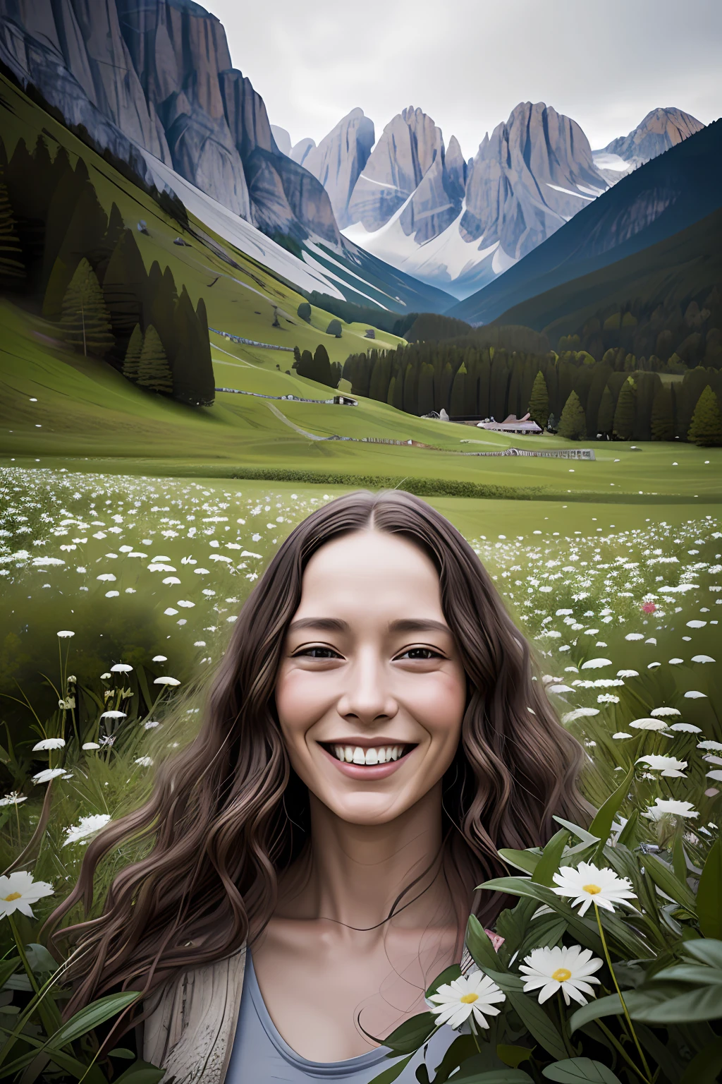 old alpine famers head being overgrown by edelweiss, smiling, dolomites in background, dark, eerie, despair, portrait photography, artstation, digital art, adward winning, concept art, artstation, highly detailed, sharp focus, by caravaggio