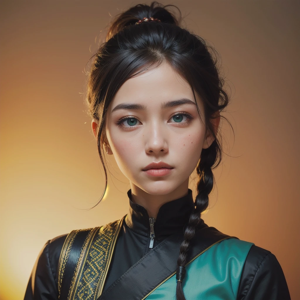 Protrait, photograph, androgynous hunnuman, oval jaw, delicate features, beautiful face, dreadlocked hair, long bangs, long ponytail, bright blue-green eyes, hindu art, Korean