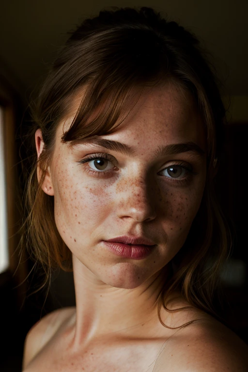 beautiful lady, freckles, dark makeup, hyperdetailed photography, soft light, head and shoulders portrait, cover