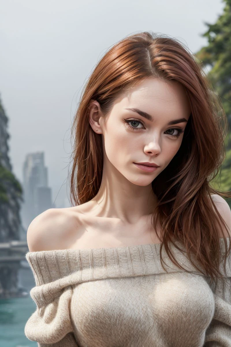 photo of S089_LizOcean, an attractive woman, in a (foggy-island:1.2), wearing an (Off-the-shoulder sweater:1.1), (8k, RAW photo, best quality, DOF, ultra high res:1.2), (absurdres, intricate, photorealistic, masterpiece, ultra-detailed, Unreal Engine:1.3)