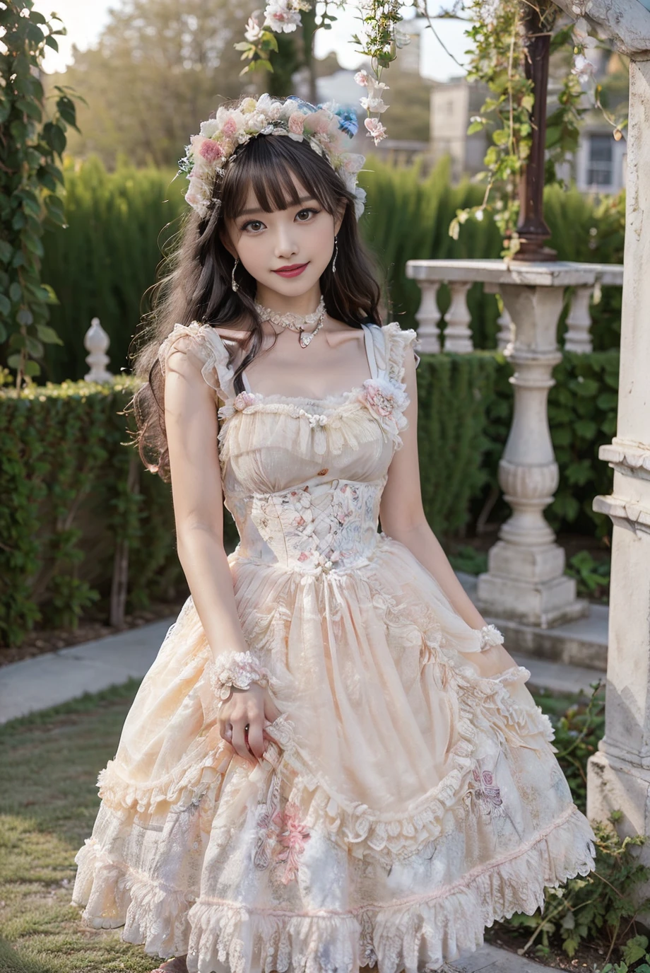 realistic, photorealistic, 8k, ultra detail, HDR, masterpiece, best quality, lo_dress, garden, flower, 1girl, solo, slim, smile, cute, looking at viewer, long black hair, standing, colorful, detailed background, <lora:Cute Asian Face:0.8>, <lora:lo_dress_floral_style1_v2:0.7>