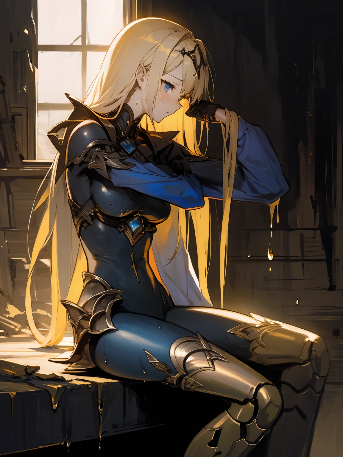 masterpiece,best quality,highres,cinematic lighting,dramatic angle,<lora:ShadowverseTetraV3-000018:0.75> ,1girl,blond hair,long hair,hair ornament,blue eyes,looking down,head down,sitting ,black bodysuit,blue sleeves,armor,gold-trimmed,gold gloves,see-through,mecha musume,rain,(monochrome:1.1),glowing,sad,raindrops,in ruins,wet,sweat,depth of field,fog,profile,looking at viewer,turning head,adjusting hair