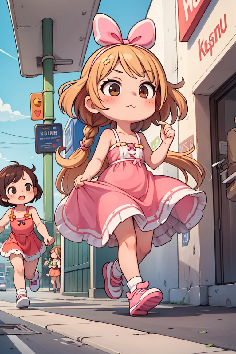 ((best quality, masterpiece)), dramatic, 2girls , running, blonde girl and brown hair girl,pink (((kawaii))) sundress, street, crowd, <lyco:GoodHands-beta2:1.0> <lora:more_details:0.3>,