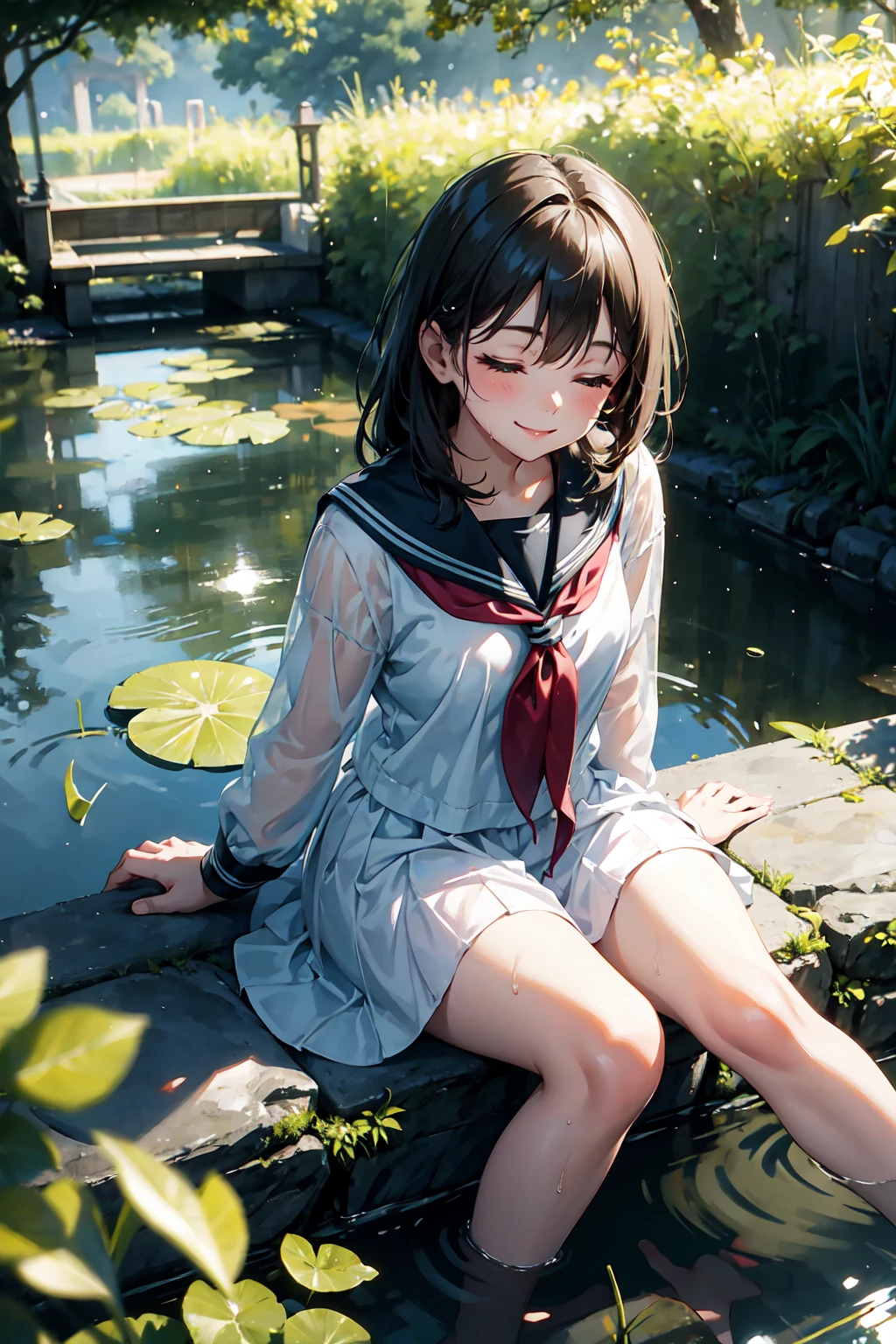 1girl, sitting, pond scenery, light beam, particles, (blurry background), dramatic lighting, wet, dappled sunlight, smile, eyes closed, from above, serafuku