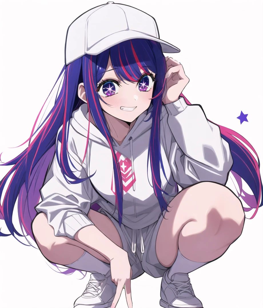 HoshinoAi; fanart; 1girl, solo, naughty face,  grin, baseball cap, white background, simple background,  streaked hair, white footwear, hat, closed mouth, symbol-shaped pupils, star (symbol), star-shaped pupils, blue headwear, multicolored hair, white hoodie, purple hair, hood, squatting, hoodie
<lyco:oshinoko-s1-step-60000:1.0>