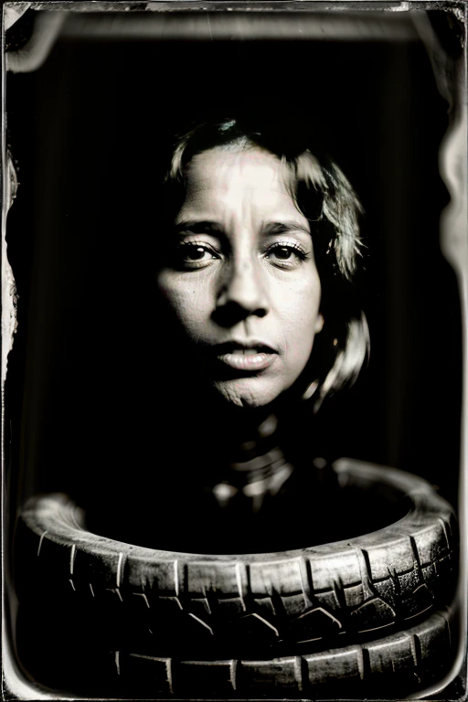 photo of a woman ((stuck inside stack of tires)), high quality photography, RAW photo, perfectly lit, dark background, backlit, lens distortion, WetPlateCollodion
<lora:Wet Plate Collodion_v01:1>