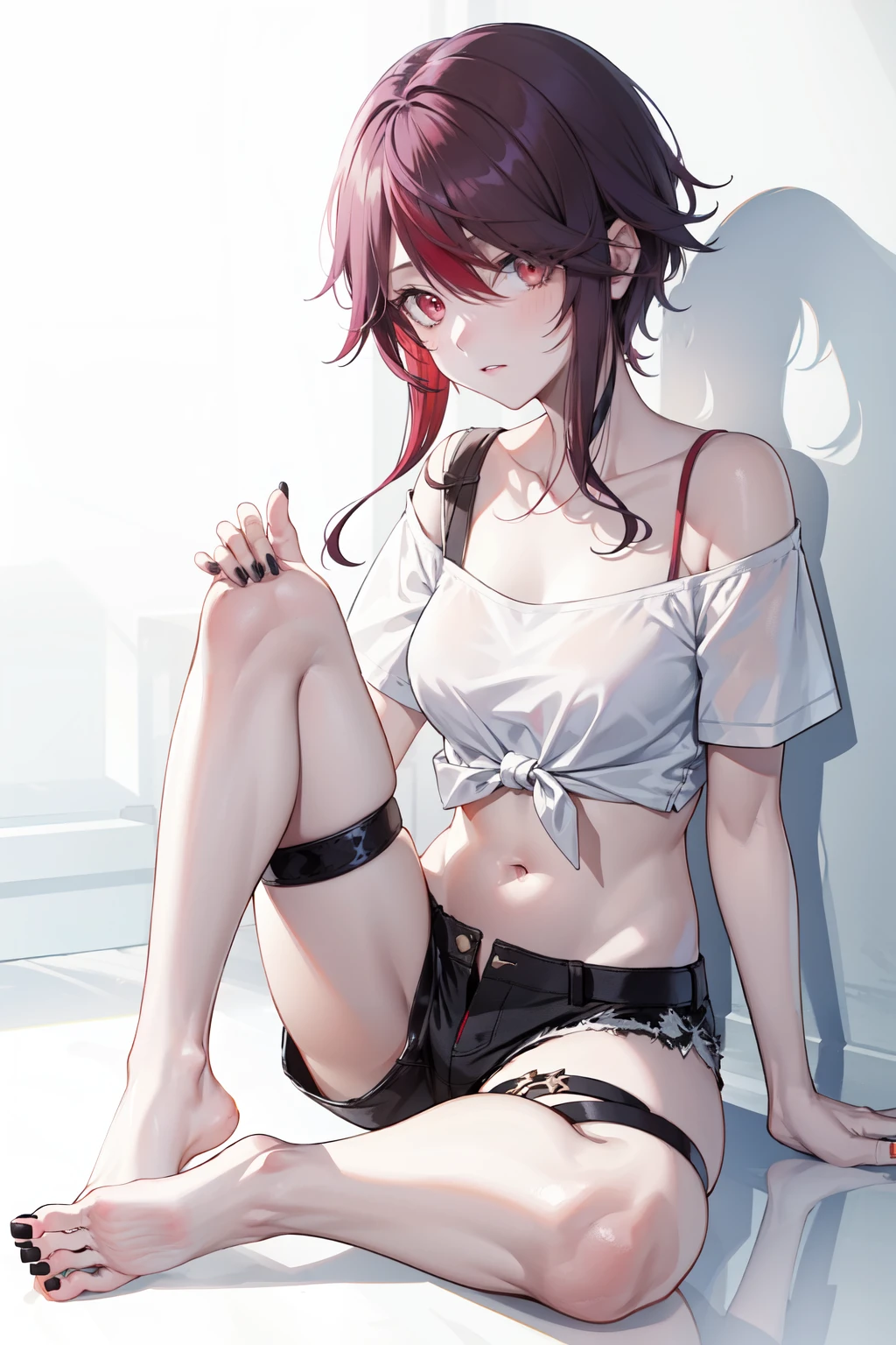 <lora:rosaria-09:1>rosaria(genshin impact), stomach, feet, solo, midriff, full body, collarbone, shirt, red eyes, red hair, purple hair, toenails, toenail polish, white shirt, nail polish, hair over one eye, crop top, short hair, barefoot, thigh strap, thighs, black shorts, bare legs, legs, simple background, medium breasts, black nails, 1girl, off shoulder, looking at viewer, tied shirt, white background, sitting, navel, short shorts, shorts, shadow, short sleeves, toes