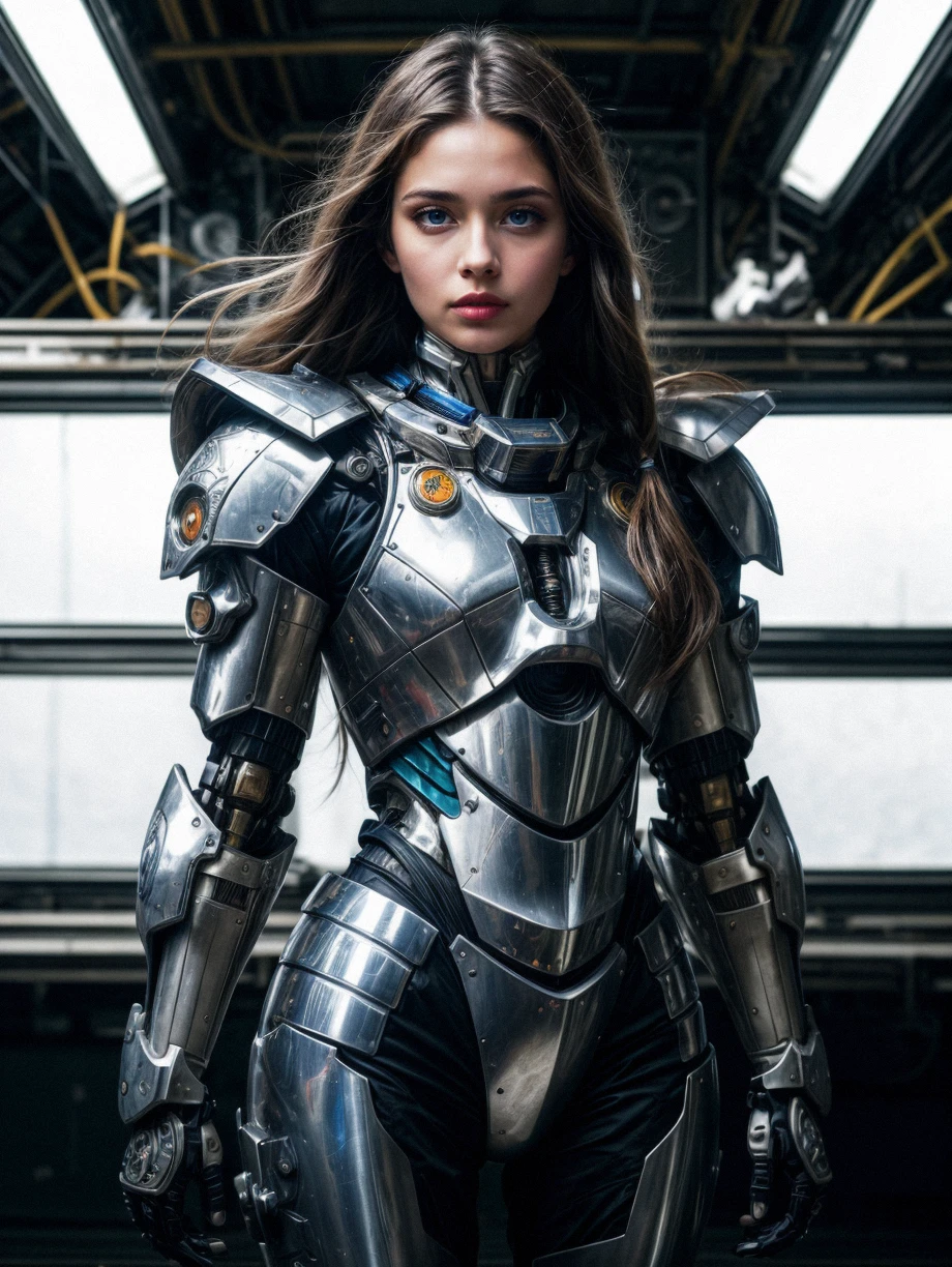(RAW photo, 4k, masterpiece, high res, extremely intricate) (photorealistic:1.4), cinematic lighting 1girl, solo focus, summer noon, hot, 1990s \(style\),cowboy shot,indoors,the upper part of the body, masterpiece, best quality, masterpiece,best quality,official art,extremely detailed CG unity 8k wallpaper, beautiful detailed eyes, artbook, photo, real, realistic, futuristic knight, (silver, long hair), mecha girl, mechanical parts, space station, Expressive Hues, Vibrant Palette,B lack and white clothes,  <lora:more_details:0.5> <lora:mecha_offset:1>