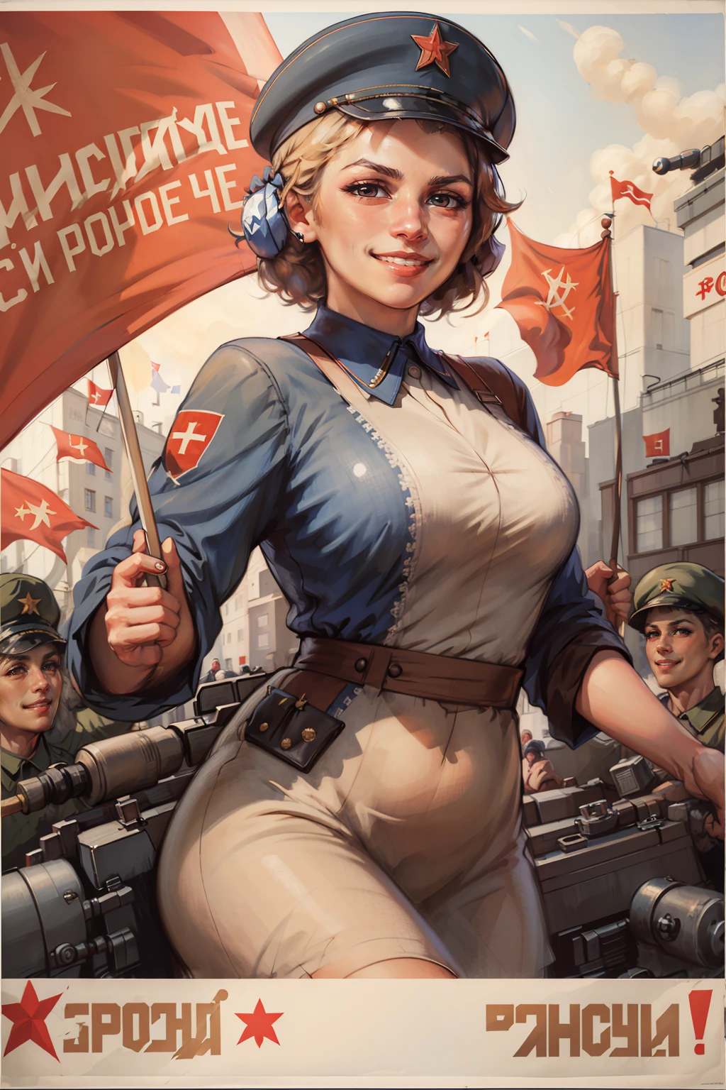 (best quality:1.2), woman with flag, smile, looking at camera, soviet union, poster,  <lora:soviet-poster:0.7>