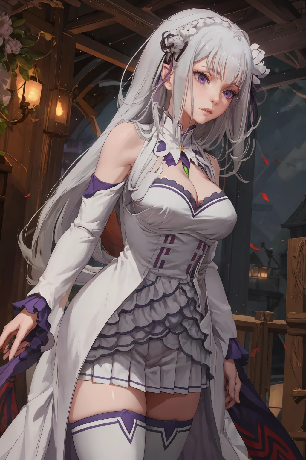 best quality, highres, ultra-detailed, Emilia, grey_hair, upper_body, lower_body, standing,  large_breasts, cleavage, very_long_hair, white_thigh_boots, <lyco:EmiliaV32-000080:1.0>