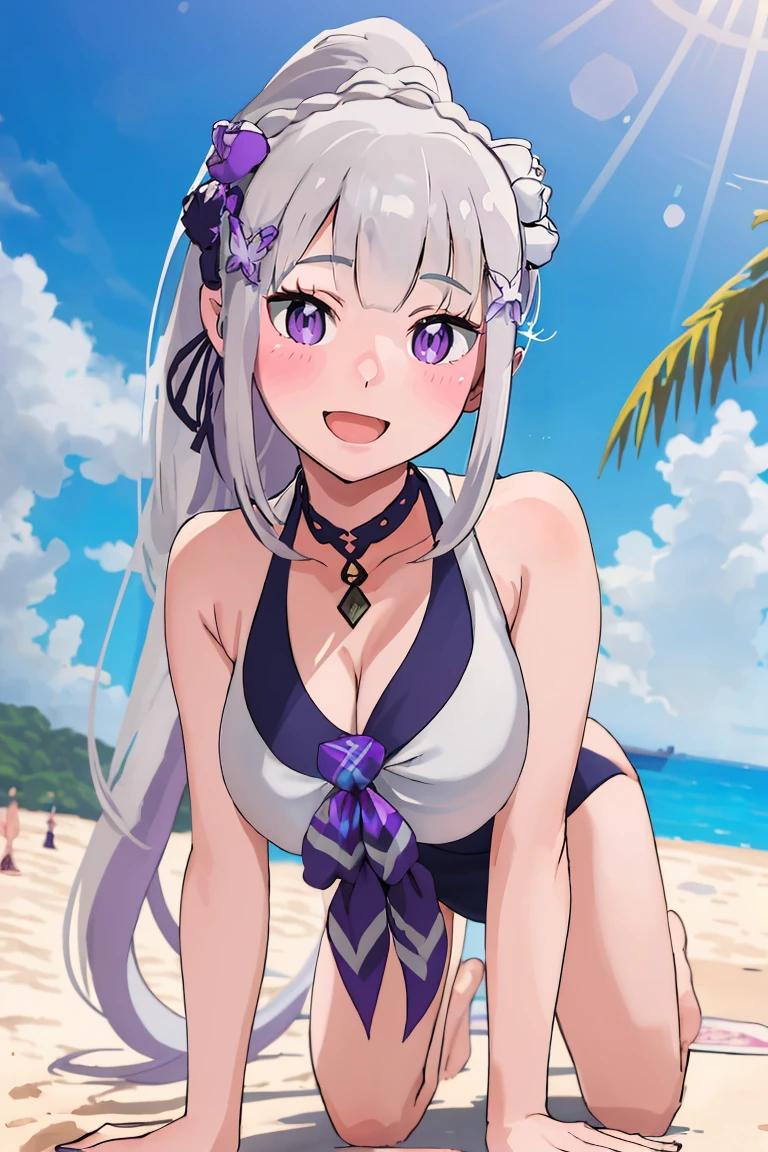 masterpiece, best quality, 1girl, solo, ,<lyco:EmiliaV32-000080:1.0>, EmiSwimsuit, alternate_hairstyle, high_ponytail, 1girl, long_hair, breasts, beach, bangs,  open_mouth, looking_at_viewer, smile, blush, all_fours, top-down bottom-up,  sidelocks, grey_hair, purple_eyes, swimsuit