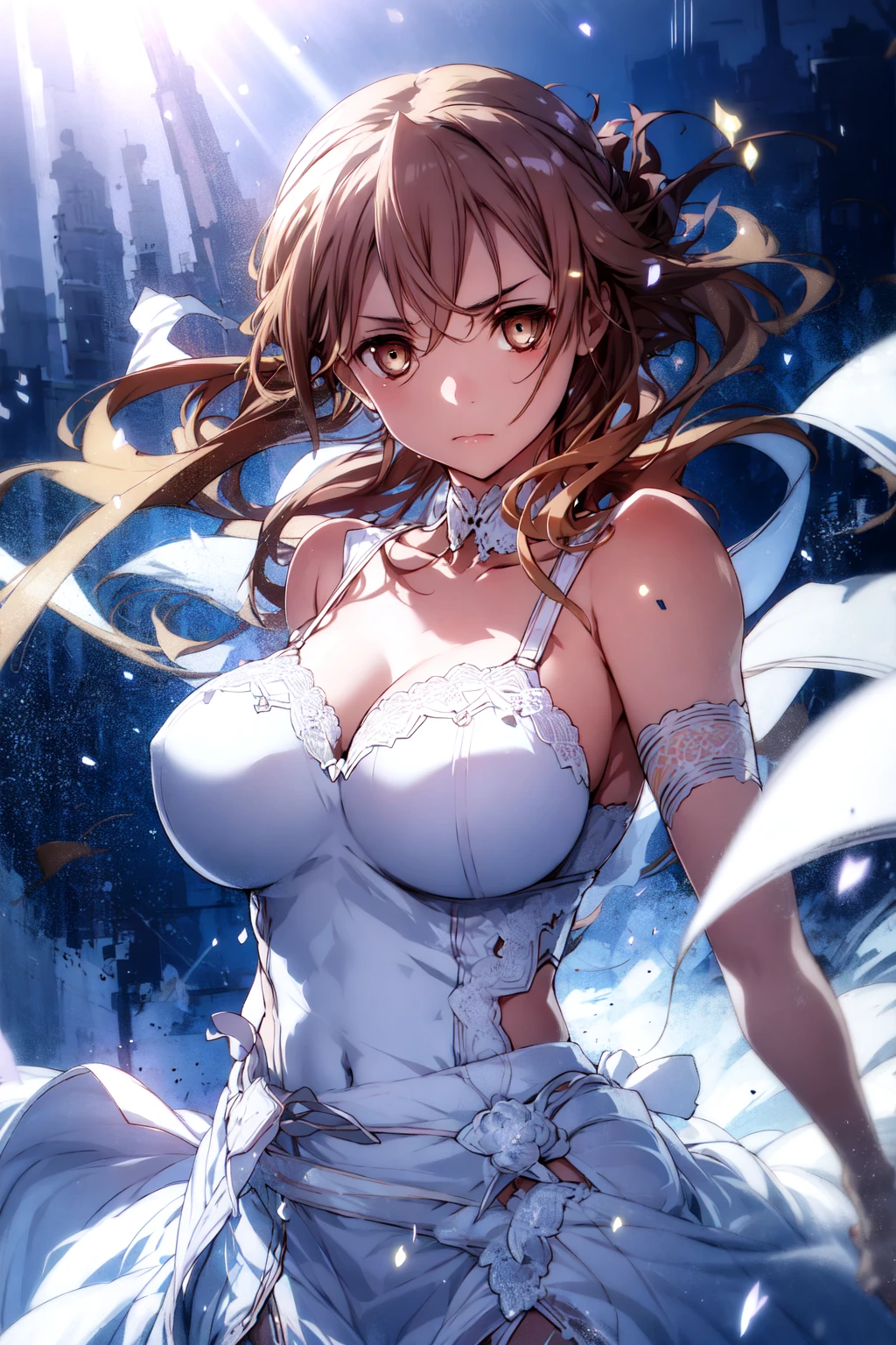 with brown hair and brown eyes,beautiful eyes,a melancholy expression that stirs affection,large breasts,dress,floating hair,light particles,glare,vivid,fancy,dreamlike,a dim atomshpere,garter belt,
