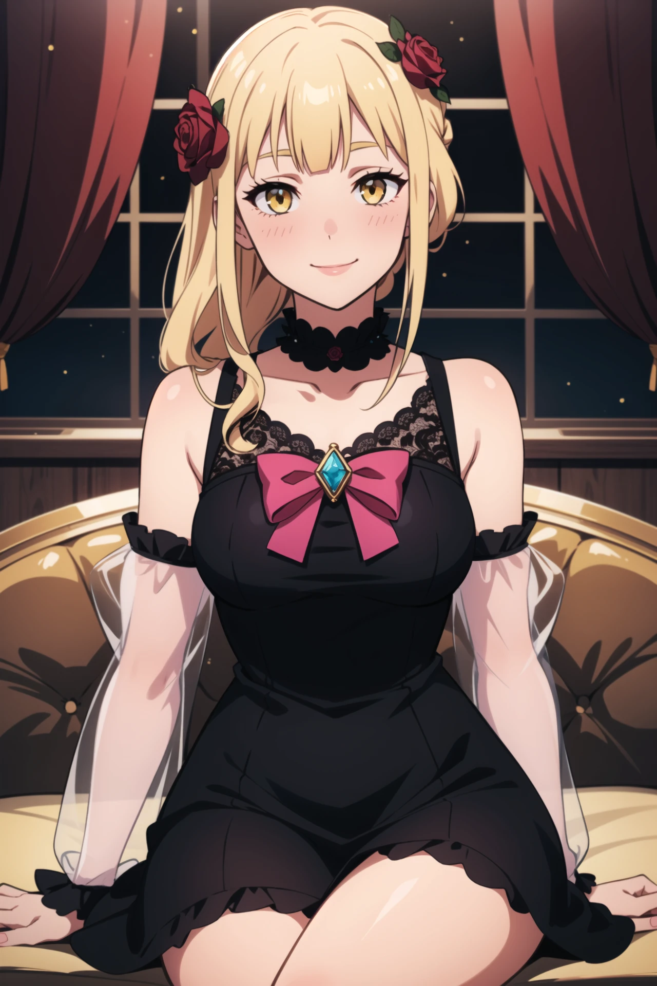 1girl,absurdres,beads,between_legs,blonde_hair,blunt_bangs,blush,bow,bowtie,collarbone,dress,flower,frilled_dress,frills,gem,glowing,gold_trim,golden_rose,hair_flower,hair_ornament,hand_between_legs,hand_on_own_knee,highres,ienaga_mugi,jewelry,lace_sleeves,light_particles,looking_at_viewer,nijisanji,pendant,pink_flower,pink_rose,red_gemstone,rose,scrunchie,see-through,see-through_sleeves,sitting,smile,solo,virtual_youtuber,white_dress,white_scrunchie,yellow_eyes,yolsan