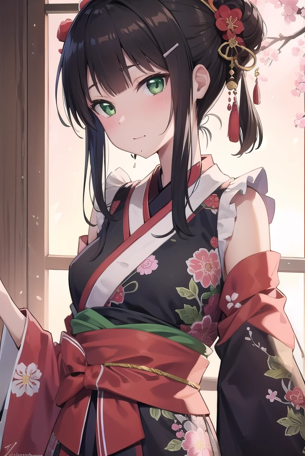 diakurosawa, <lora:diakurosawa:1>, dia kurosawa, black hair, (green eyes:1.5), blunt bangs, grey skirt, hair ornament, hairclip, mole, mole under mouth, (small breast:1.2),
BREAK collarbone, floral background, floral print, frilled sleeves, frills, hair bun, hair ornament, hair stick, hair tubes, headpiece, japanese clothes, kimono, my mai tonight, obi, sash, sidelocks, single hair bun,
BREAK looking at viewer,
BREAK city,
BREAK <lora:GoodHands-vanilla:1>, (masterpiece:1.2), best quality, high resolution, unity 8k wallpaper, (illustration:0.8), (beautiful detailed eyes:1.6), extremely detailed face, perfect lighting, extremely detailed CG, (perfect hands, perfect anatomy),