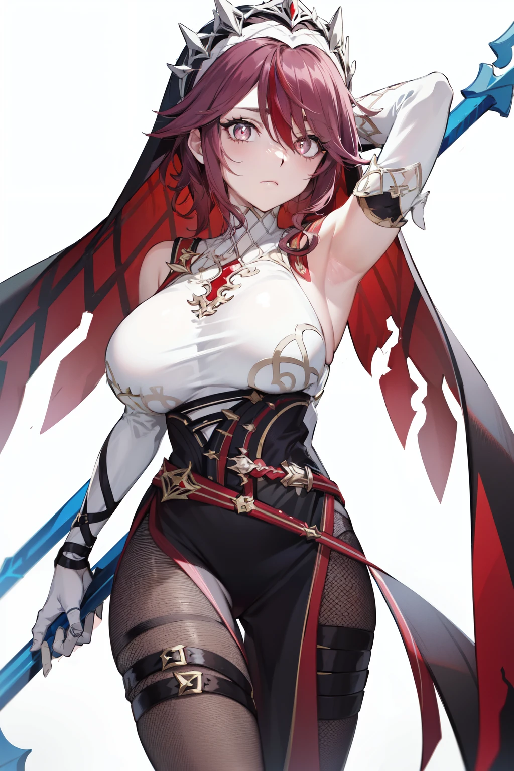 <lora:rosaria-09:1>rosaria(genshin impact), solo, dress, streaked hair, armpit hair, fishnets, holding polearm, holding weapon, red hair, purple hair, multicolored clothes, gloves, white pupils, nun, fishnet pantyhose, huge breasts, bright pupils, purple eyes, arm up, armpits, short hair, white gloves, closed mouth, thigh strap, large breasts, weapon, simple background, two-tone dress, black dress, bare shoulders, spear, polearm, hair between eyes, 1girl, standing, habit, looking at viewer, white background, holding, elbow gloves, pantyhose, white dress