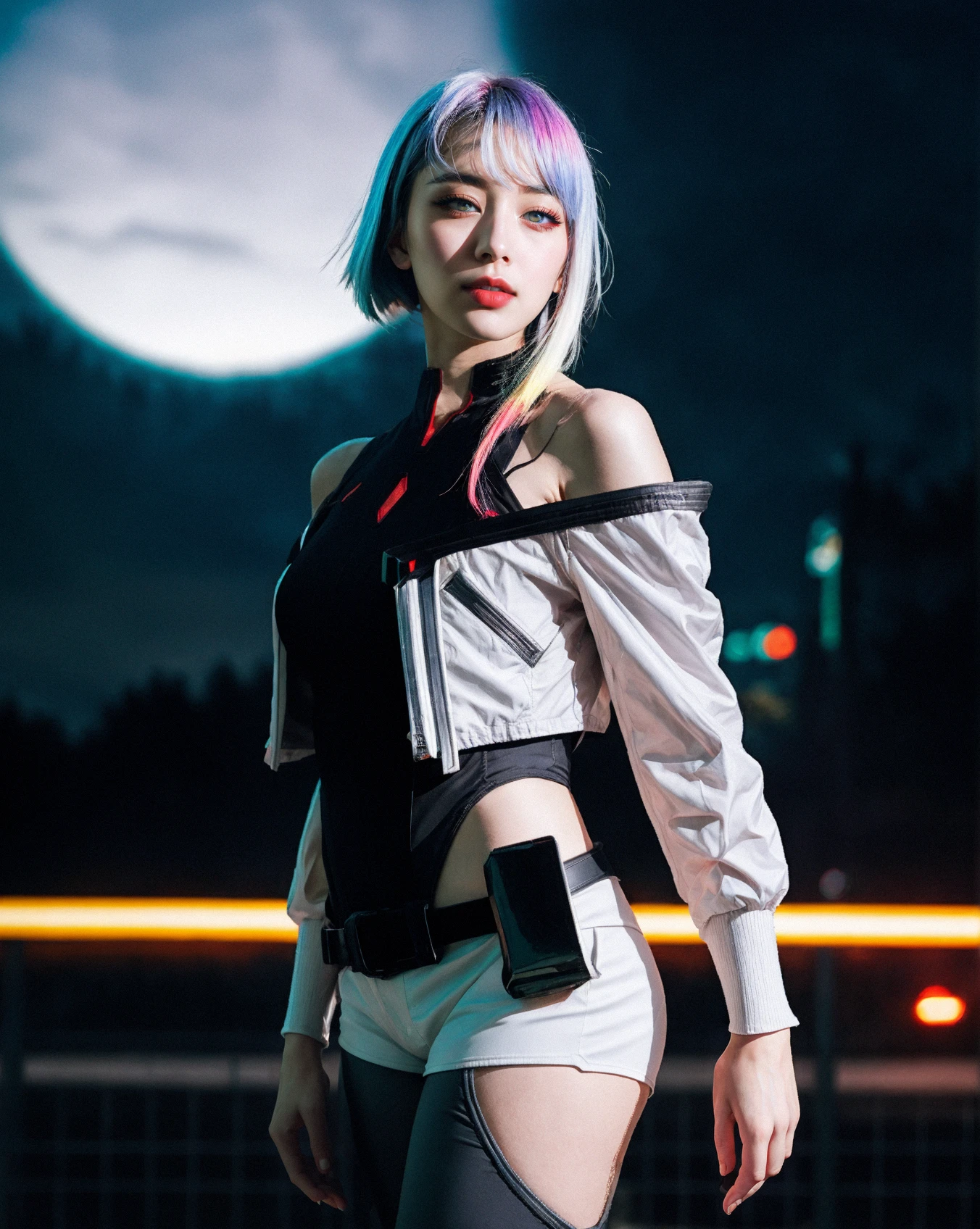 masterpiece, (photorealistic:1.4), best quality, beautiful lighting, (ulzzang-6500:0.5), lucy \(cyberpunk\), 1girl, white hair, against railing, arm rest, bangs, bare shoulders, belt, black belt, black leotard, black pants, blurry, bob cut, breasts, building, cityscape, clothing cutout, (cropped jacket), cyberpunk, depth of field, from side, gradient eyes, grey eyes, grey hair, white jacket, leotard, lips, long sleeves, looking afar, looking ahead, (mechanical parts), medium breasts, multicolored eyes, multicolored hair, night, night sky, off shoulder, open clothes, open jacket, outdoors, pants, parted lips, railing, red eyeliner, science fiction, short hair with long locks, short shorts, shorts, sidelocks, sky, solo, standing, teeth, thigh cutout, upper teeth only, white jacket, white shorts, cyberpunk \(series\), cyberpunk edgerunners, RAW photo, 8k uhd, film grain, cosplay, white wig, night, neon lights,,,, <lora:lucy_offset:1.21>