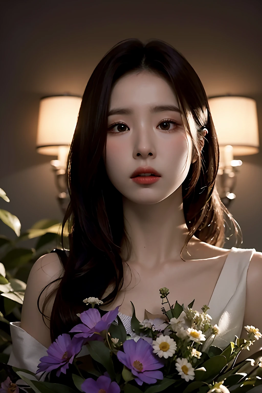 photorealistic:1.4,(flower filed),Poetic lens,obscure light and shadow,aestheticism,brooding,emotional depth,supernatural,1girl,solo,Neck,enchanting elegance, atmospheric depth, naturalistic representations, harmonious composition, parted lips, long straight hair, looking at viewer