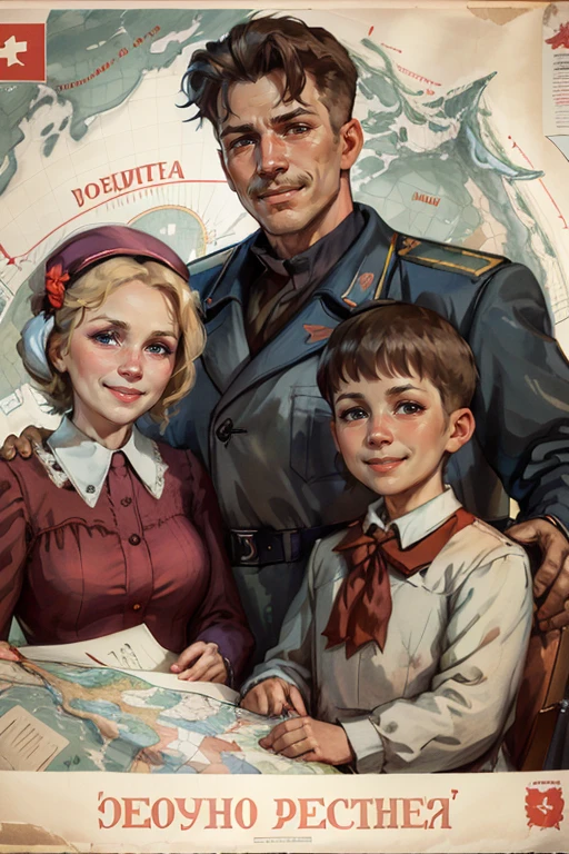 (best quality:1.2), father and mother with son, smile, looking at camera, soviet union, poster, map in background <lora:soviet-poster:0.7>