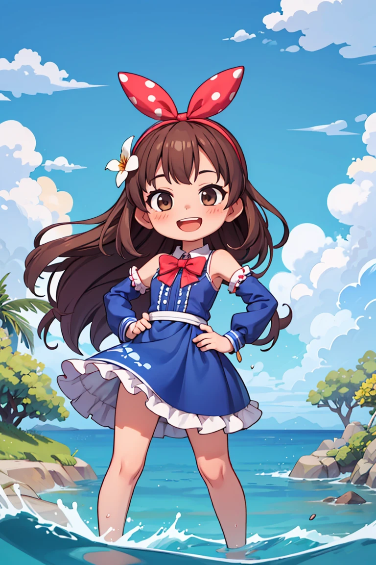 masterpiece,best quality,dramatic, 1girl, solo, long hair, brown hair, detached sleeves, open mouth, smile, outdoors, water, sky, day, hand on hip, hair ornament, pointing, cloud, ocean, dress, blush, blue dress, wading, blue sky, bow, standing, :d, frills, beach, bangs, barefoot, hair flower, skirt, ^_^, facing viewer, bowtie, teeth, <lyco:GoodHands-beta2:1.0> <lora:more_details:0.3>,