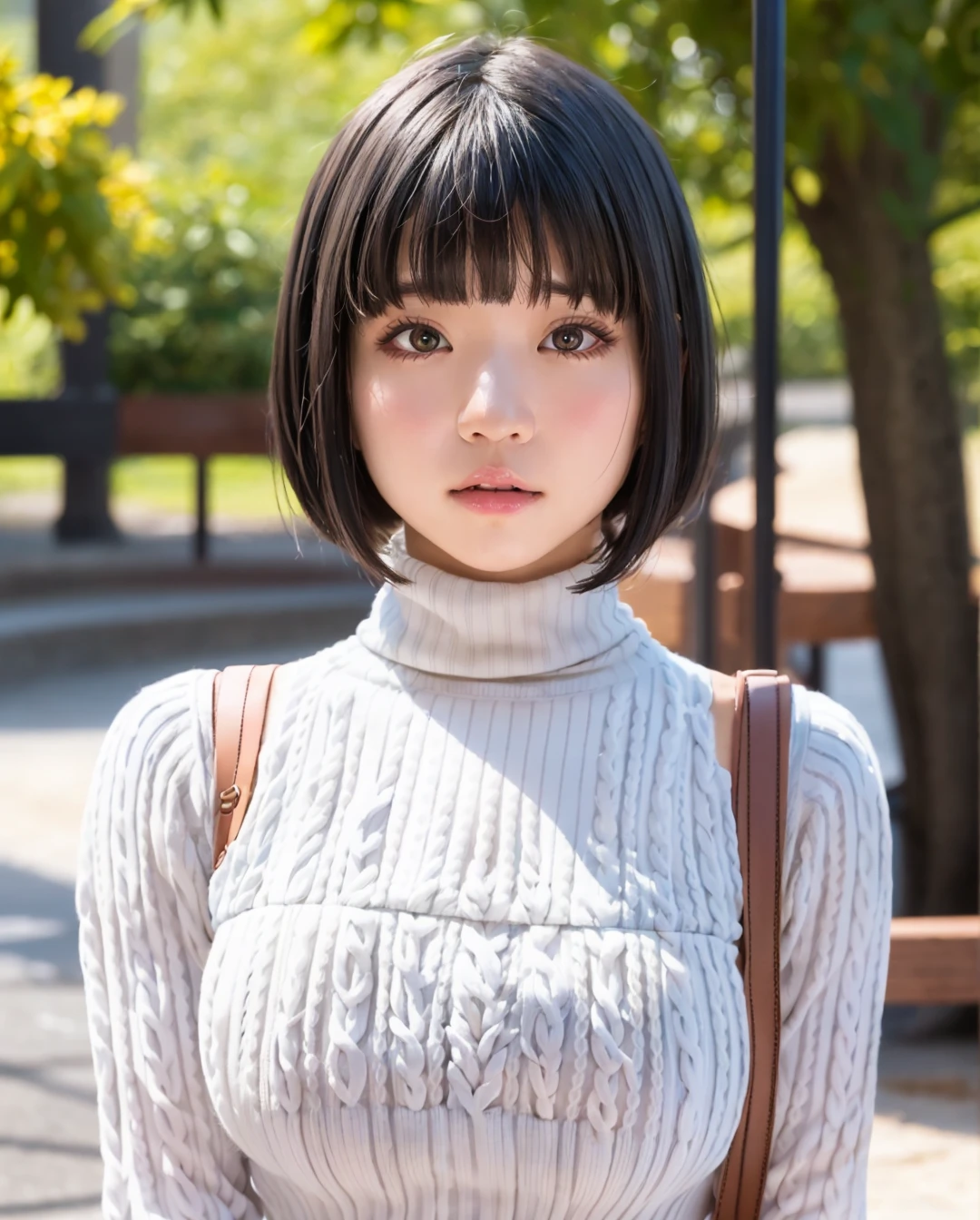 pureerosface_v1:0.3, best quality, photorealistic, 8k, high res, full color, 1girl, woman, 20 years old woman, closed mouth, (skindentation), (portrait:0.6), trees, park bench, daylight, ((park background:1.52)), full color, ((necksweater:1.68)), looking at viewer:1.8, (1girl eyes looking at viewer:1.55), (short-length hair, blackhair, partedbangs:1.45), (bokeh), <lora:AAG-nagi:0.65>