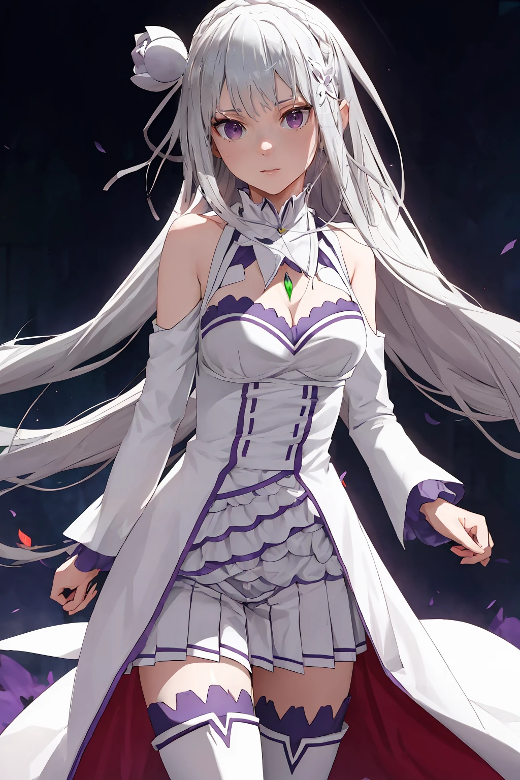 best quality, highres, ultra-detailed, Emilia, grey_hair, upper_body, lower_body, standing,  medium_breasts, cleavage, very_long_hair, white_thigh_boots, <lyco:EmiliaV32-000080:1.0>