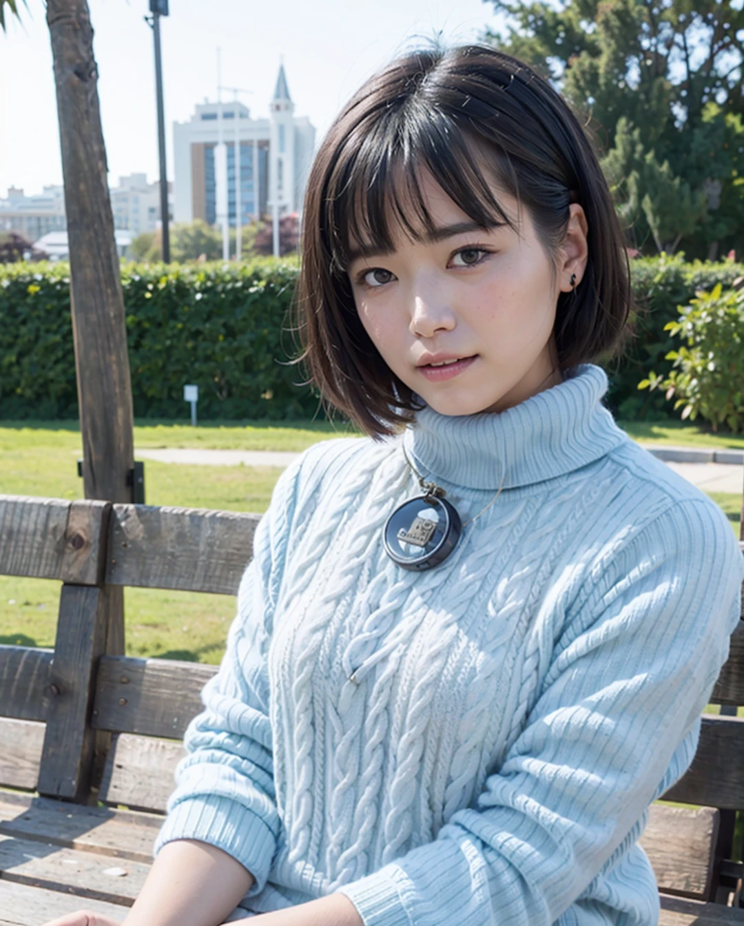pureerosface_v1:0.3, best quality, photorealistic, 8k, high res, full color, 1girl, woman, 20 years old woman, (skindentation), (portrait:0.6), trees, park bench, daylight, ((park background:1.52)), full color, ((necksweater:1.68)), looking at viewer:1.8, (1girl eyes looking at viewer:1.55), (short-length hair, blackhair, partedbangs:1.45), (bokeh), <lora:AAG-umi2:0.7>