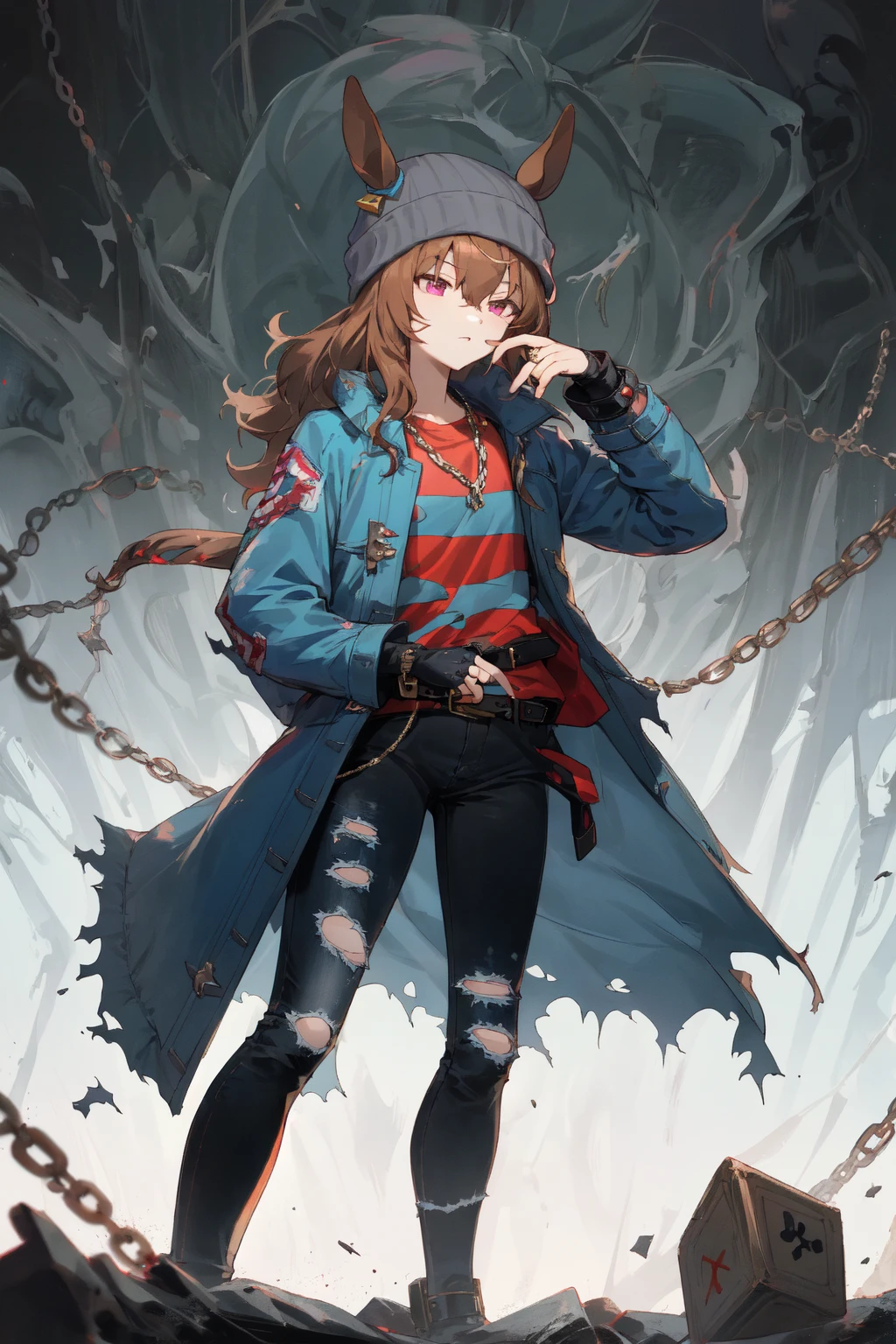 masterpiece, best quality,
nakayama festa \(umamusume\),
beanie, grey headwear, jewelry, dice necklace, chain necklace, striped shirt, red shirt, torn shirt, long sleeves, open coat, blue coat, black gloves, fingerless gloves, black belt, black pants, torn jeans, wide shot
<lyco:UmaMusume_AIO:0.7>