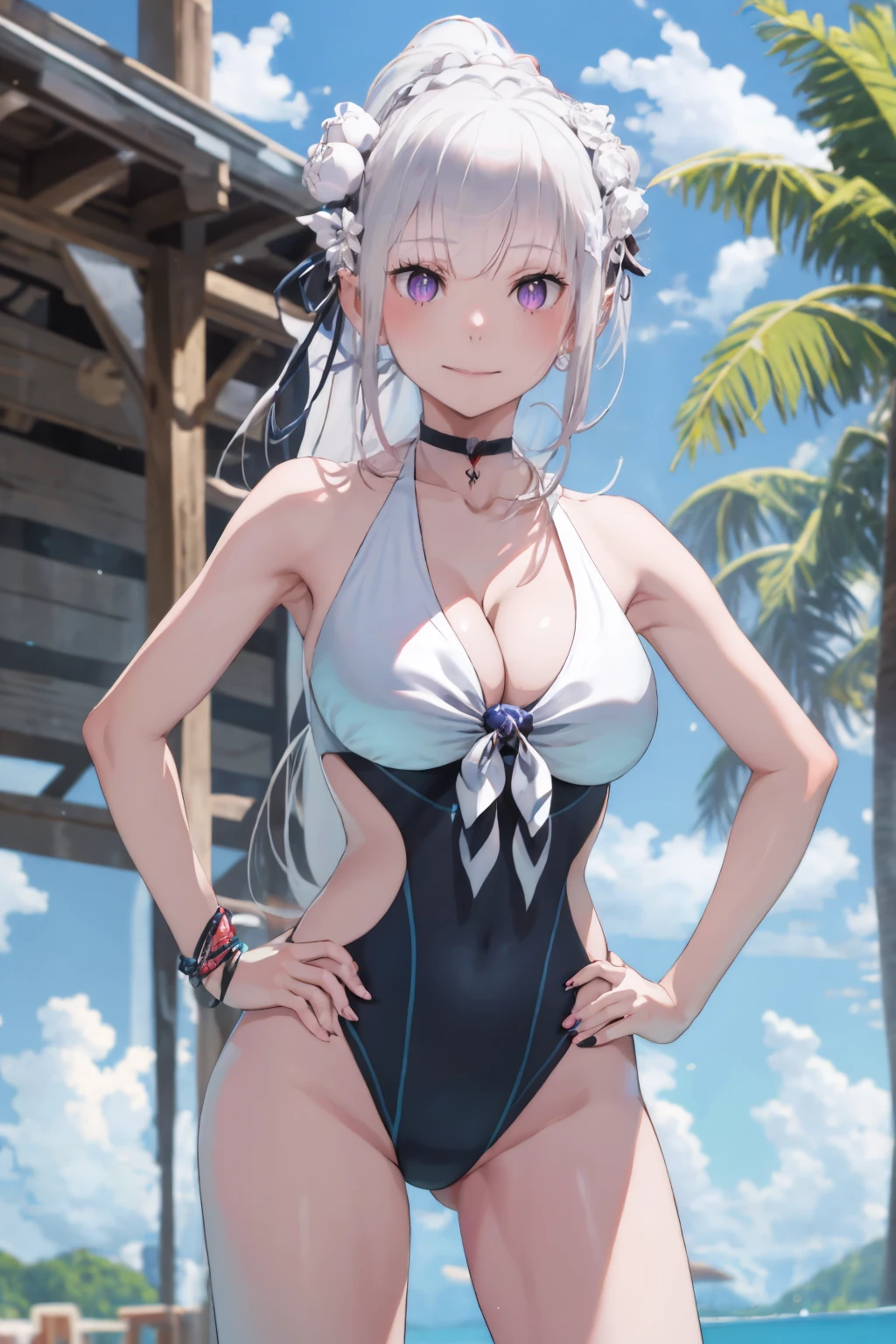 (masterpiece, best quality, anime_coloring:0.8), 1girl, solo,  <lyco:EmiliaV32-000080:1.0>,EmiSwimsuit, alternate_hairstyle, high_ponytail, 1girl, swimsuit, long_hair, breasts, solo, bangs, smile, cleavage, looking_at_viewer, white_hair, hands_on_hips, outdoors, very_long_hair, covered_navel, choker, day, large_breasts, collarbone,  deep_skin, skindentation, deep_cleavage, BDS, <lora:BetterDeepSkinV1-000070:0.9>