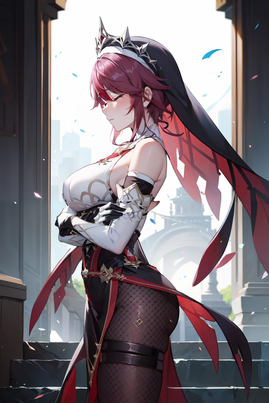 <lora:rosaria-09:1>rosaria(genshin impact), solo, dress, from side, fishnets, red hair, purple hair, gloves, nun, fishnet pantyhose, stairs, veil, short hair, white gloves, thighs, large breasts, crossed arms, black dress, bare shoulders, 1girl, habit, closed eyes, elbow gloves, pantyhose