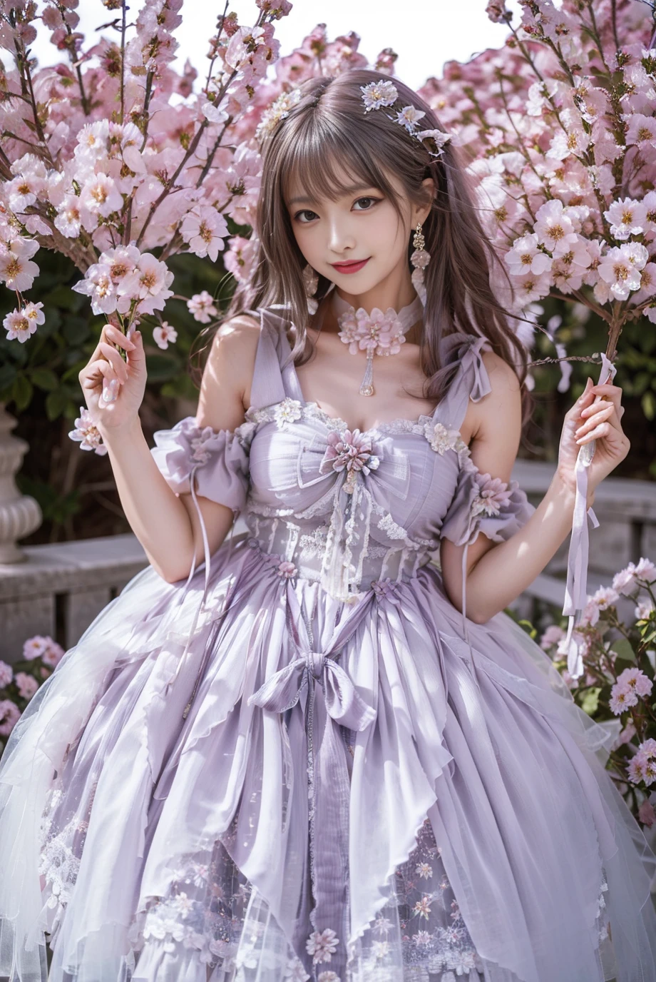 realistic, photorealistic, 8k, ultra detail, HDR, masterpiece, best quality, lo_dress, purple dress, garden, flower, 1girl, solo, slim, smile, cute, looking at viewer, long black hair, standing, colorful, detailed background, <lora:Cute Asian Face:0.8>, <lora:lo_dress_floral_style2_v2:0.7>
