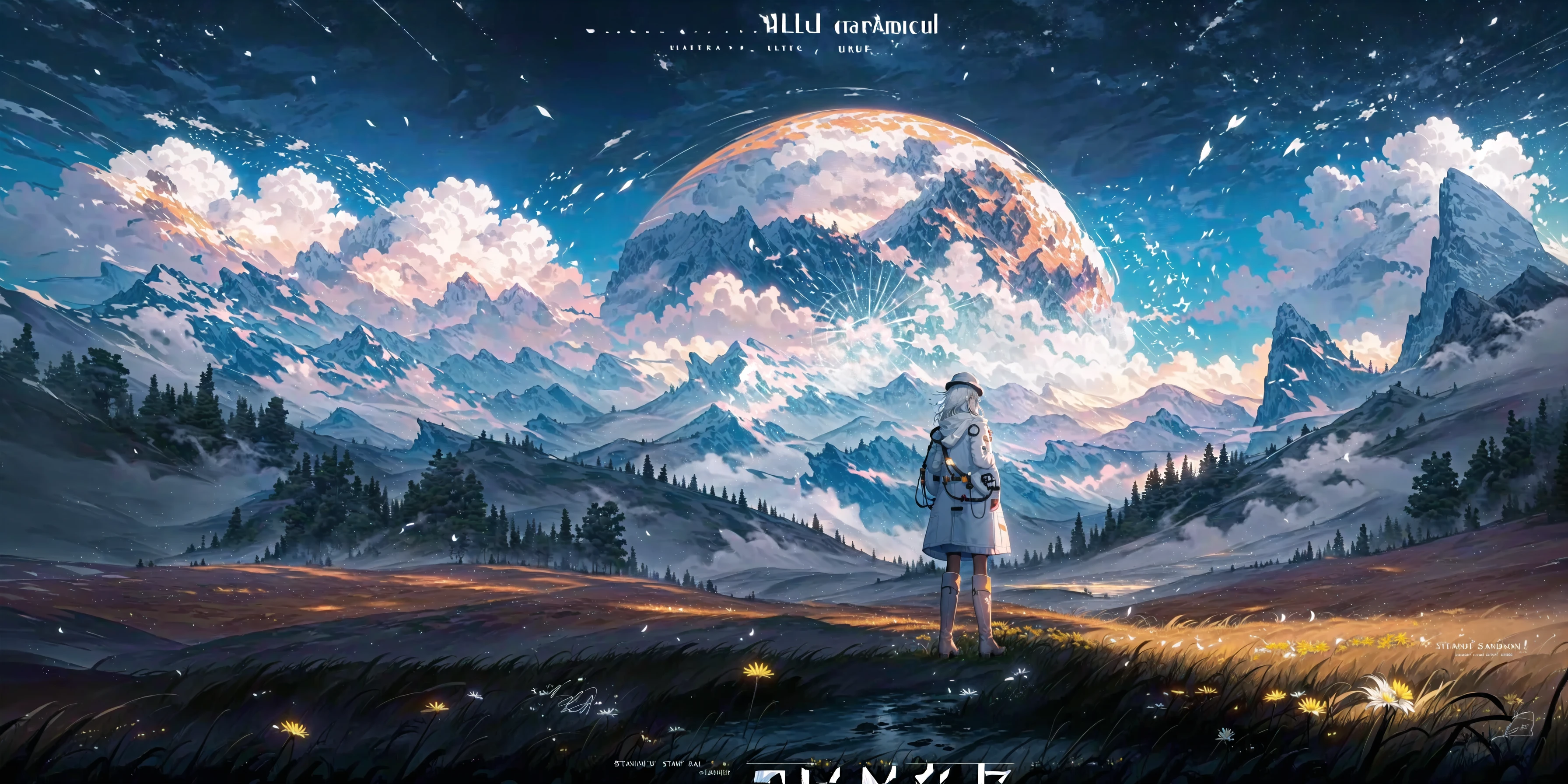 ((best quality)), ((masterpiece)), ((ultra-detailed)), (illustration), (detailed light), (an extremely delicate and beautiful),((trim)),
incredibly_absurdres,(ray tracing),(Autumn),(glowing light),
(signature),(English text:1.5),((moon)),((beautiful sky)),(scenery),((mountain)),(cloud),((nature)),(grass),((fog)),(pine),(flower),(dandelion), (((border))),((trim)),
((solo:1.8)),(1girl),(a beautiful girl),(((full body shot))),((standding)),(facing away),(+perfect hand+:1.21),(((white coat))),((beautiful white dress+white knee boots)),((Belts)),((white hat)),(white scarf),(leg loops),(((long white_hair))),
(signature),(English text:1.5),((moon)),((beautiful sky)),(scenery),((mountain)),(cloud),((nature)),(grass),((fog)),(pine),(flower),(dandelion), (((border))),((trim))