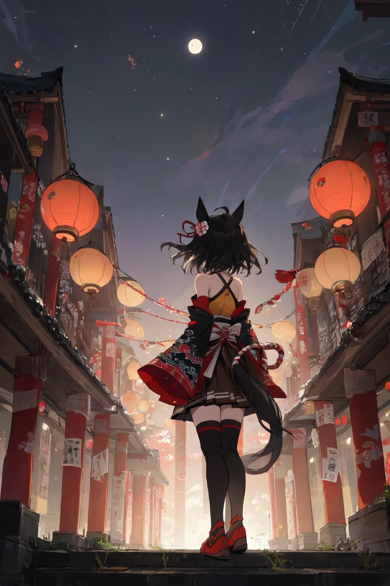 masterpiece, best quality,
kitasan black \(umamusume\),
paper lantern, night sky, aerial fireworks,
from behind, wide shot,
hair ribbon, hair ornament, fingerless gloves, yellow gloves, japanese clothes, long sleeves, wide sleeves, detached sleeves, bare shoulders, kouhaku nawa, brown skirt, pleated skirt, zettai ryouiki, black thighhighs, sandals, red footwear,
<lyco:UmaMusume_AIO:0.7>