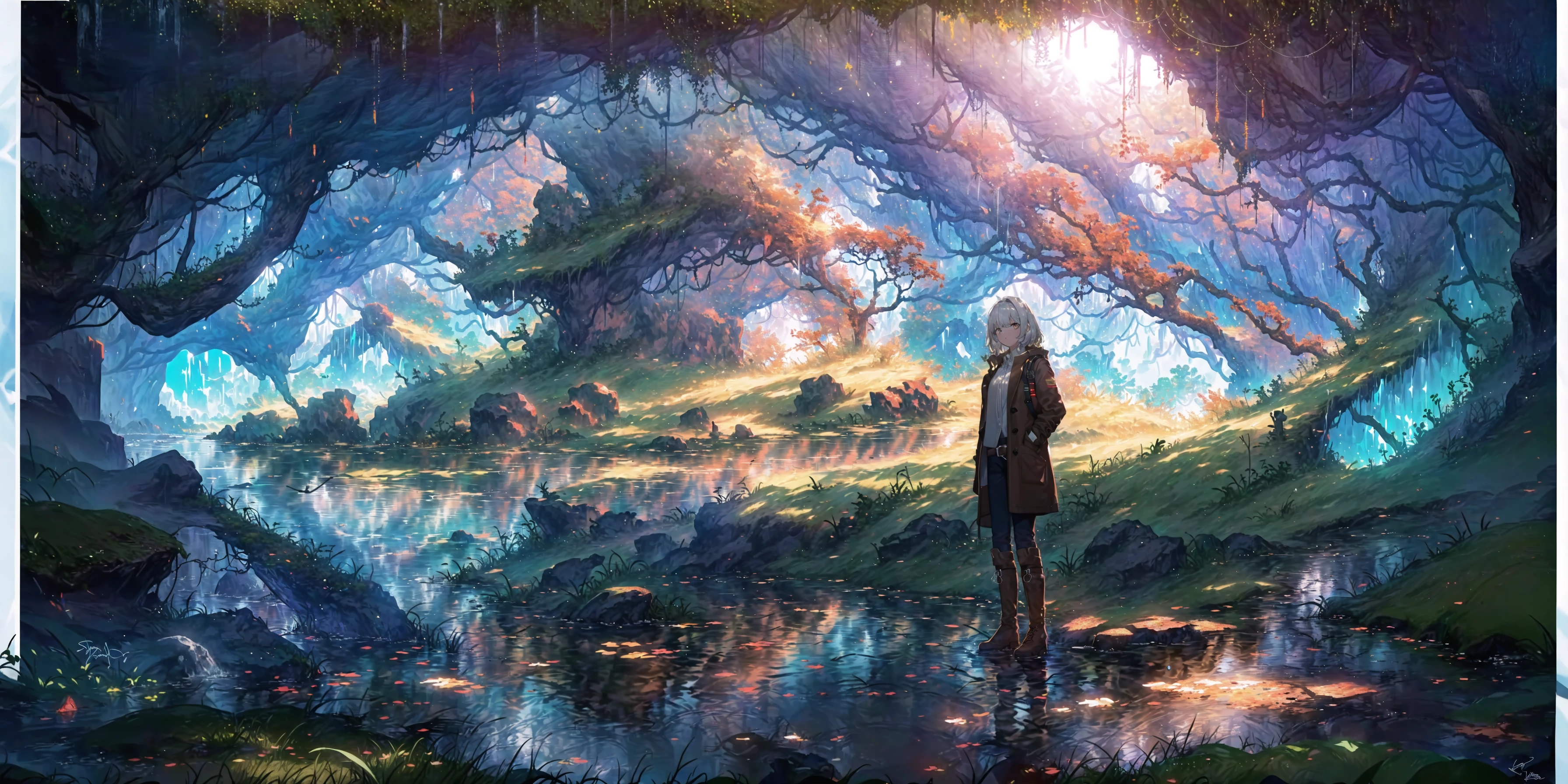 ((best quality)), ((masterpiece)), ((ultra-detailed)), (illustration), (detailed light), (an extremely delicate and beautiful),
incredibly_absurdres, (ray tracing), (reflection light), (fantasy), ((Autumn)),((sunset)),((galaxy)),
((movie poster)), (signature:1.15), (English text:1.2), (clear sky), (cloud), ((karst cave+wasteland+wetland):1.35), ((white stone)), ((rock)), (vines), (moss), ((trees)), (((border:1.5))),
(lens 135mm,f1.8),(1girl:1.8), ((solo):1.8), ((a beautiful girl):1.2), (((full body shot))), ((standding):1.5), (+perfect hand+ :1.21), ((brown open_coat+white blouse):1.25), (((black boot))), ((belts)), (loops), (((long white hair):1.5)), (((beautiful red_eyes))),
BREAK
((movie poster)), (signature:1.15), (English text:1.2), (clear sky), (cloud), ((karst cave+wasteland+wetland):1.35), ((white stone)), ((rock)), (vines), (moss), ((trees)), (((border:1.5))),