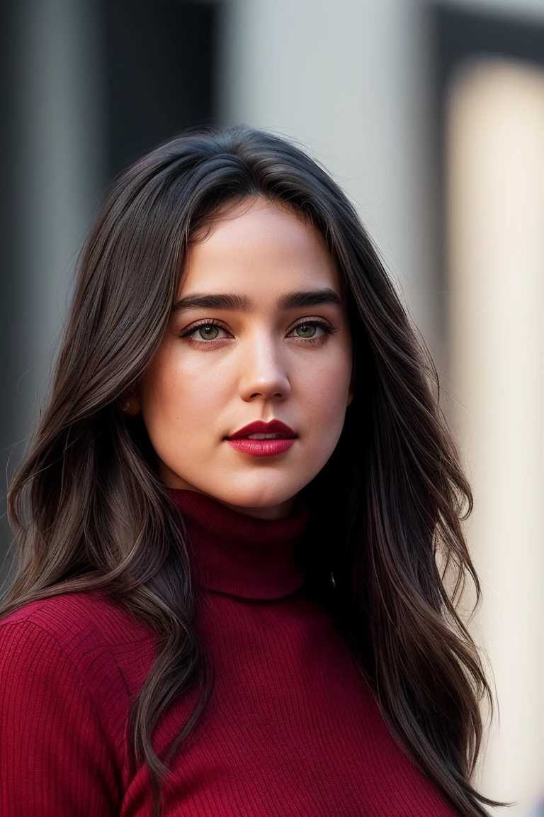 photo of extremely sexy (jenn1f1850:0.99), a woman as a movie star, (backcombed hair) 80s style, modelshoot style, (extremely detailed CG unity 8k wallpaper), photo of the most beautiful artwork in the world, professional majestic oil painting by Ed Blinkey, Atey Ghailan, Studio Ghibli, by Jeremy Mann, Greg Manchess, Antonio Moro, trending on ArtStation, trending on CGSociety, Intricate, High Detail, Sharp focus, dramatic, photorealistic painting art by midjourney and greg rutkowski, (red turtleneck top:1.2), ((movie premiere)), ((standing near a movie theater)), ((paparazzi in the background)), (looking at viewer:1.2), (detailed pupils:1.3), (hands on hips), closeup portrait, (red lips:1.2)