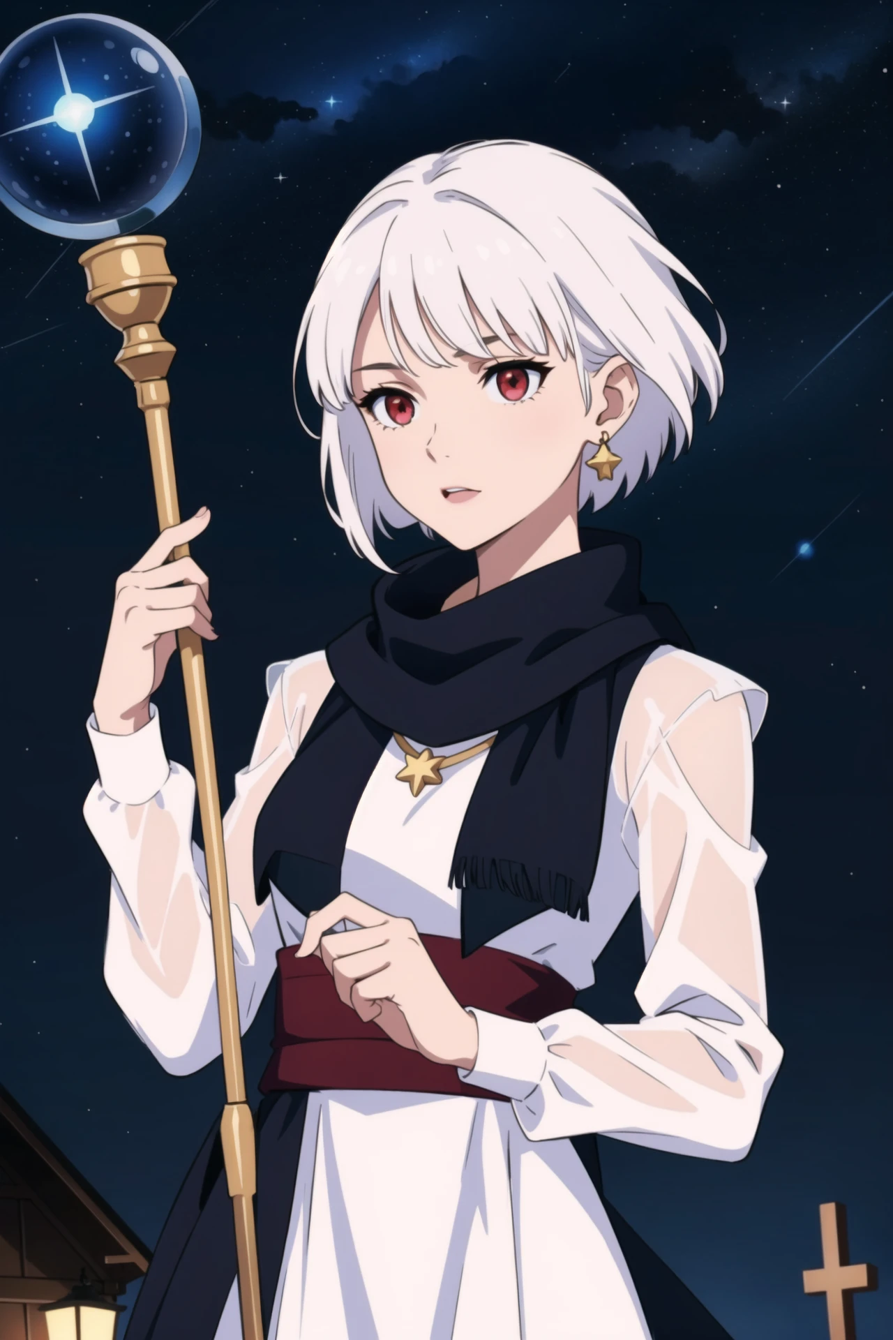 1girl, solo, short_hair, red_eyes, long_sleeves, holding, jewelry, white_hair, earrings, outdoors, sky, necklace, scarf, see-through, bell, night, staff, star_(sky), night_sky, starry_sky, holding_staff