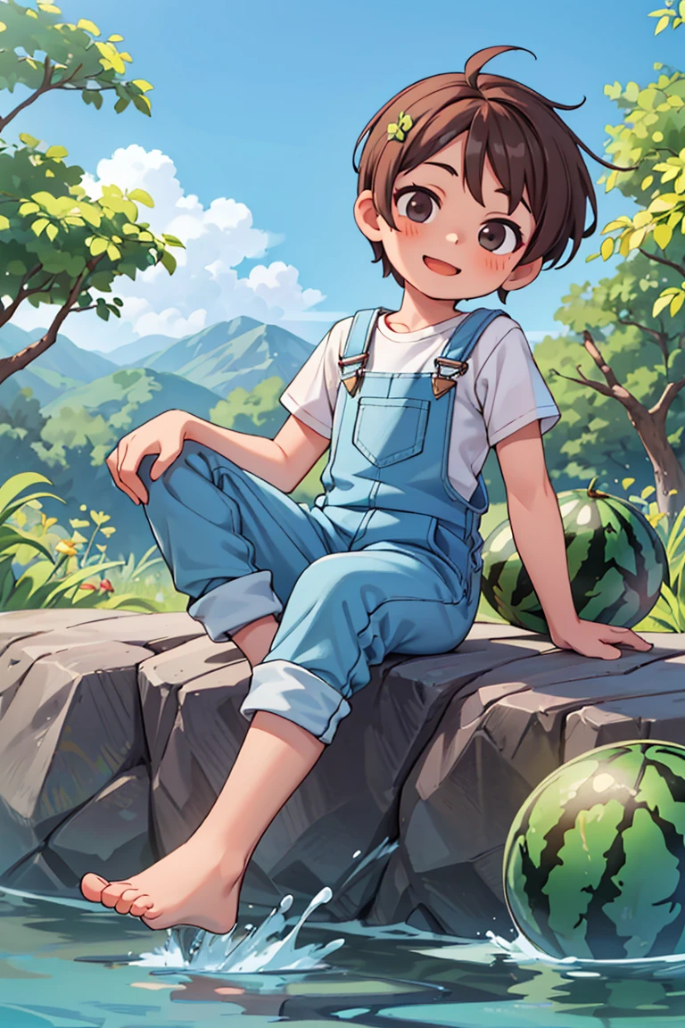 masterpiece,best quality,(more Cut Watermelon:1.2), overalls, white shirt, (1boy:1.2), sitting on rock, barefoot,leaning back, two Feet in the water,head tilt, happy, (looking at viewer:1.2), sky,forest, river, very short hair, brown hair,,<lyco:GoodHands-beta2:1.0> <lora:more_details:0.3>,