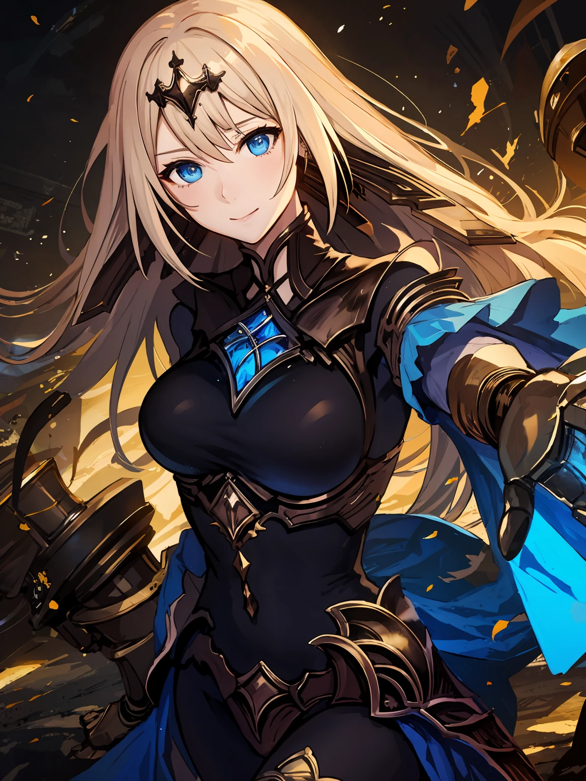 masterpiece,best quality,highres,cinematic lighting,dramatic angle,<lora:ShadowverseTetraV3-000018:0.8> ,1girl,blond hair,long hair,hair ornament,blue eyes,looking at viewer,black bodysuit,blue sleeves,armor,gold-trimmed,gold gloves,see-through,mecha musume,outstretched hand, reaching out,smile,woods,depth of field,close-up,cowboy shot