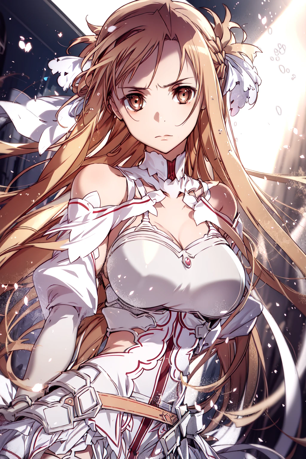 with brown hair and brown eyes, beautiful eyes, a melancholy expression that stirs affection, large breasts, dress, floating hair, light particles, glare, vivid,fancy, dreamlike, a dim atomshpere, stacia, garter belt,<lora:asuna_(stacia):0.6>