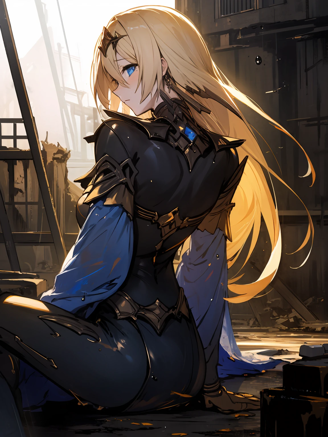 masterpiece,best quality,highres,cinematic lighting,dramatic angle,<lora:ShadowverseTetraV3-000018:0.75> ,1girl,blond hair,long hair,hair ornament,blue eyes,looking down,head down,sitting ,black bodysuit,blue sleeves,armor,gold-trimmed,gold gloves,see-through,mecha musume,rain,(monochrome:1.1),glowing,sad,raindrops,in ruins,wet,sweat,depth of field,fog,profile,looking at viewer,turning head,adjusting hair