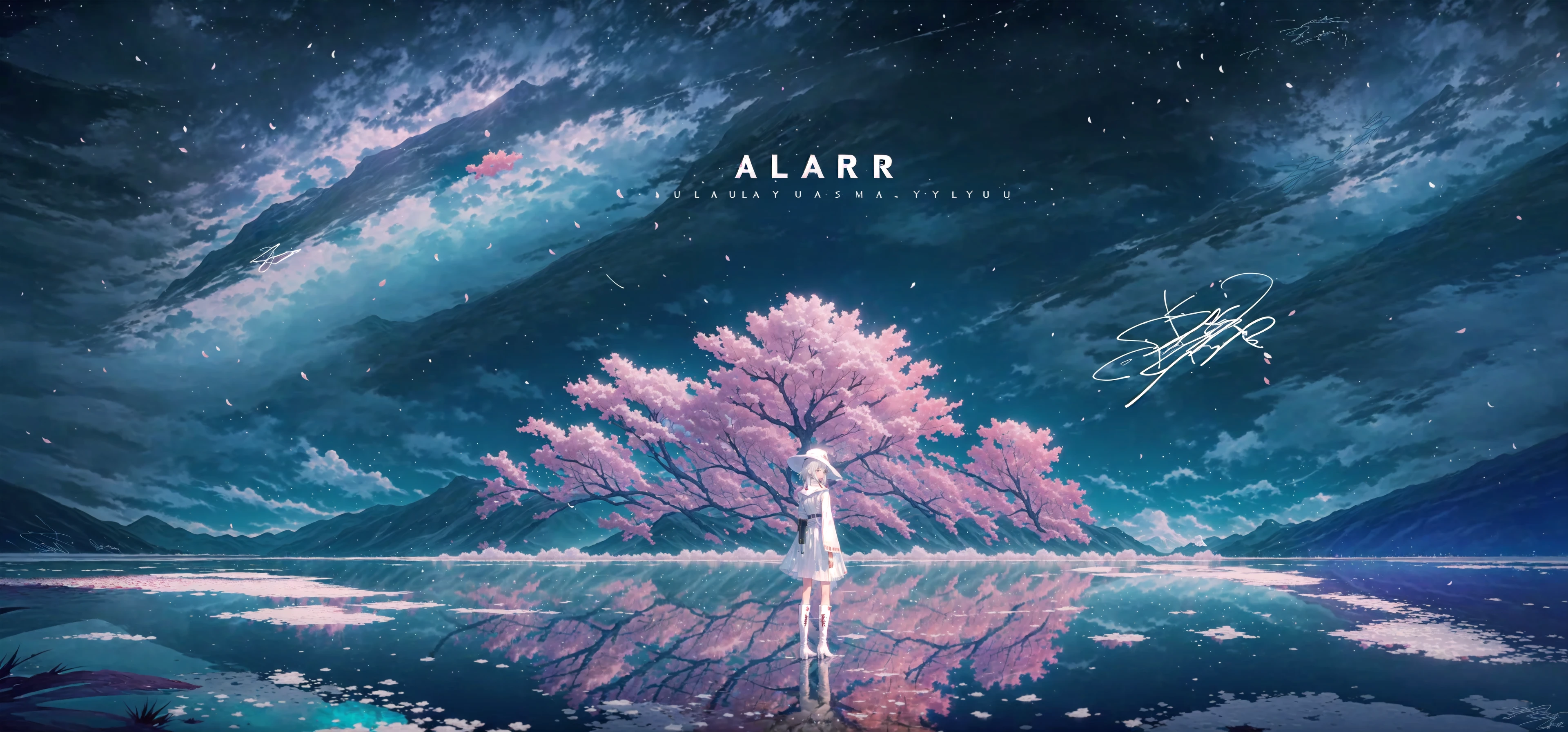 ((best quality)), ((masterpiece)), ((ultra-detailed)), (illustration), (detailed light), (an extremely delicate and beautiful),((trim):1.75),
incredibly_absurdres,(ray tracing),(reflection light),
((Movie Poster)),(signature:1.75),(English text:1.2),((empty scene)),((beautiful clear sky):1.3), (stream),(mountain),(cloud::0.25),((wetland):1.35),((Salar de Uyuni):1.25), (Cherry_blossom_tree:1.05),
(1girl:1.8),solo,((a beautiful girl):1.2),(((full body shot))),((standding on liquid):1.5),(((facing away))),(+perfect hand+:1.21),((beautiful white dress+white knee boots):1.3),((Belts)),((white hat)),(white scarf),(leg loops),(((long white_hair))),(((beautiful white_eyes))),
((Movie Poster)),(signature:1.75),(English text:1.2),((empty scene)),((beautiful clear sky):1.3),(stream),(mountain::0.4),(cloud::0.25),((wetland):1.35),((Salar de Uyuni):1.25), (Cherry_blossom_tree:1.05)