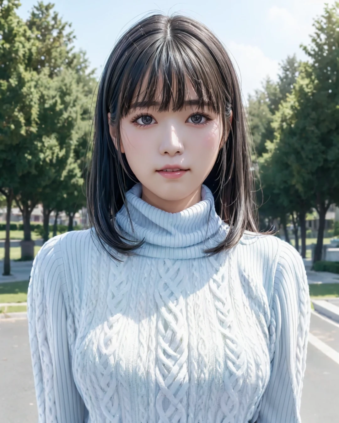 pureerosface_v1:0.8, best quality, photorealistic, 8k, high res, full color, 1girl, woman, 20 years old woman, (closed mouth:1.76), (skindentation), (portrait:0.6), trees, park bench, daylight, ((park background:1.52)), full color, ((necksweater:1.68)), straight-looking at viewer:1.8, (1girl eyes looking at viewer:1.55), (medium-length hair, blackhair, partedhair:1.45), (bokeh), <lora:AAG-umi2:0.7>