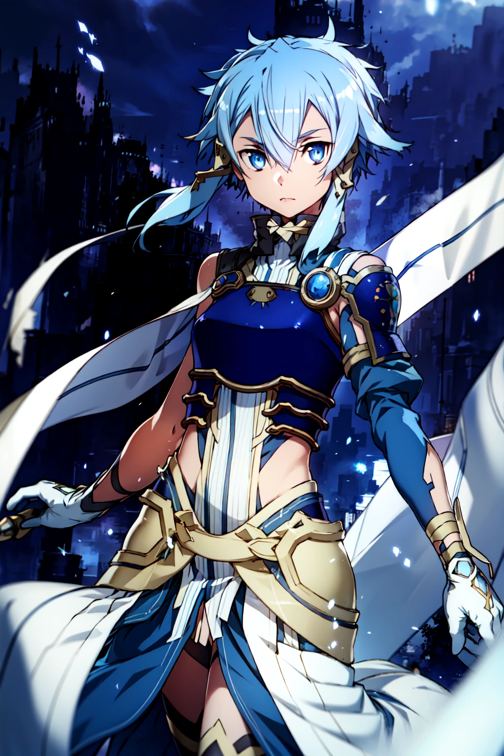 HDR, CG, sharp focus, (8k), (4k), masterpiece, best quality, extremely detailed, hyper detailed, sinon1, white gloves, thighhighs, pelvic curtain, short hair with long locks, hair between eyes, sidelocks, breastplate, shoulder armor, blue armor, cowboy shot, floating, sky, looking at viewer, cowboy shot, medium breasts, <lora:sinon_v5:0.8>