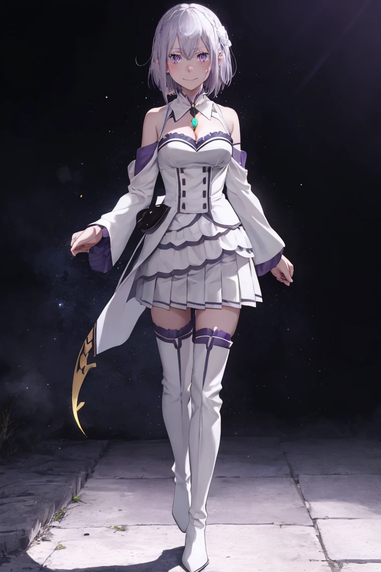 best quality, highres, ultra-detailed, EmiShortHair, golden_eagle_on_sleeve, purple_eyes, grey_hair, full body shot, standing,  medium_breasts, cleavage, white_dress, pleated_white_skirt, white_thigh_boots, short_hair, empty_eyes, blood_on_face, crazy_smiile, yandere, crinkled_clothes, <lyco:EmiliaV32-000080:0.9>