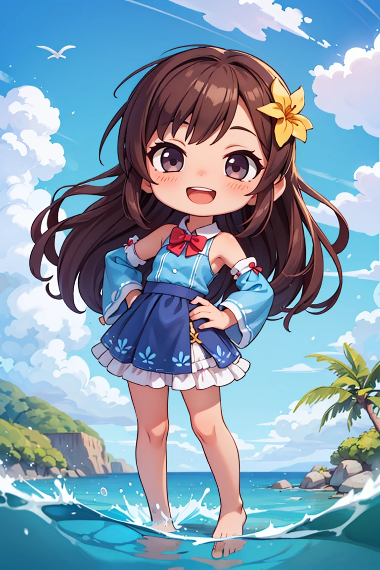 (chibi:1.4),masterpiece,best quality,dramatic, 1girl, solo, long hair, brown hair, detached sleeves, open mouth, smile, outdoors, water, sky, day, hand on hip, hair ornament, pointing, cloud, ocean, dress, blush, blue dress, wading, blue sky, bow, standing, :d, frills, beach, bangs, barefoot, hair flower, skirt, ^_^, facing viewer, bowtie, teeth, <lyco:GoodHands-beta2:1.0> <lora:more_details:0.3>,