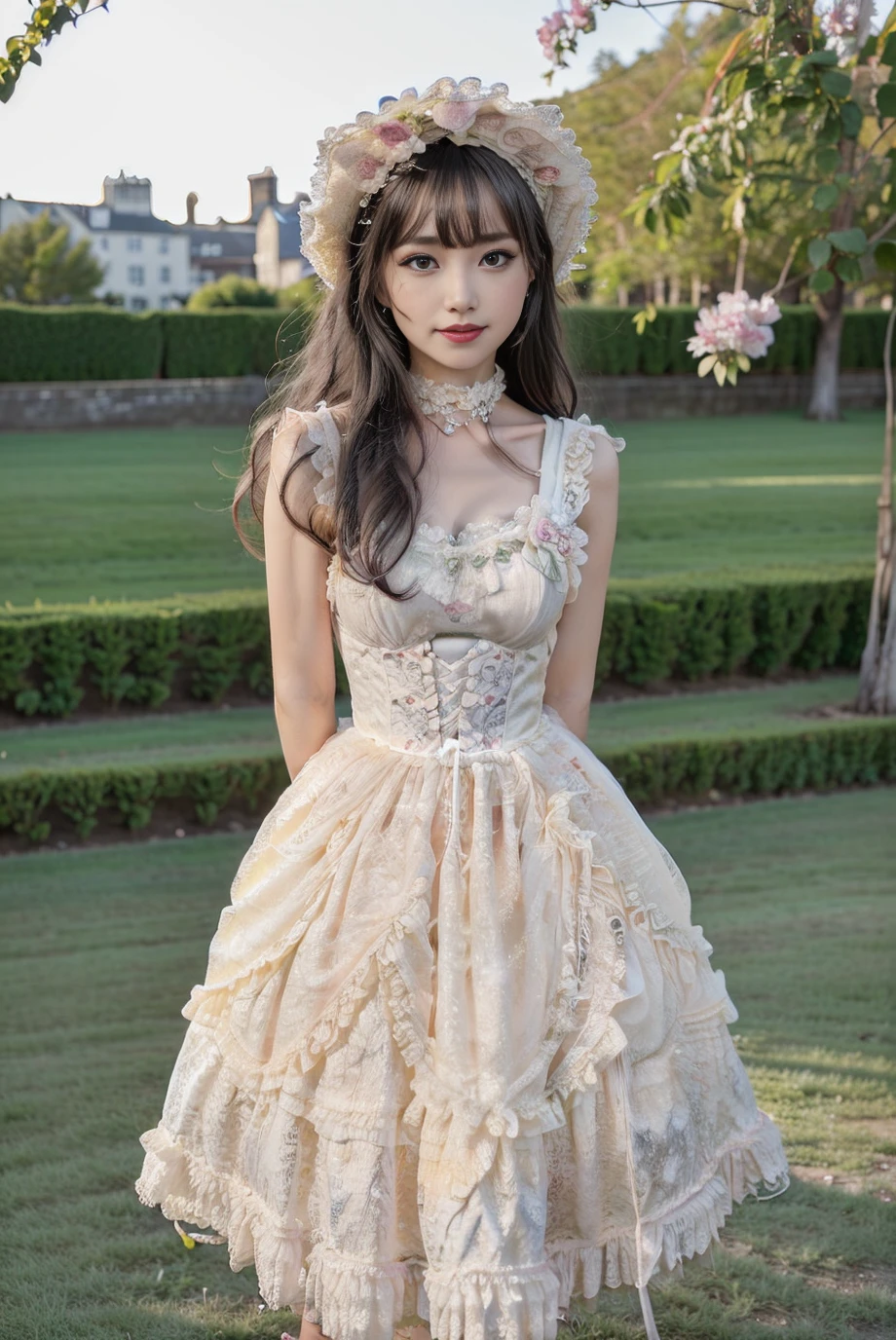realistic, photorealistic, 8k, ultra detail, HDR, masterpiece, best quality, lo_dress, garden, flower, 1girl, solo, slim, smile, cowboy shot, cute, looking at viewer, long black hair, standing, colorful, detailed background, arms behind back, <lora:Cute Asian Face:0.8>, <lora:lo_dress_floral_style1_v2:0.7>