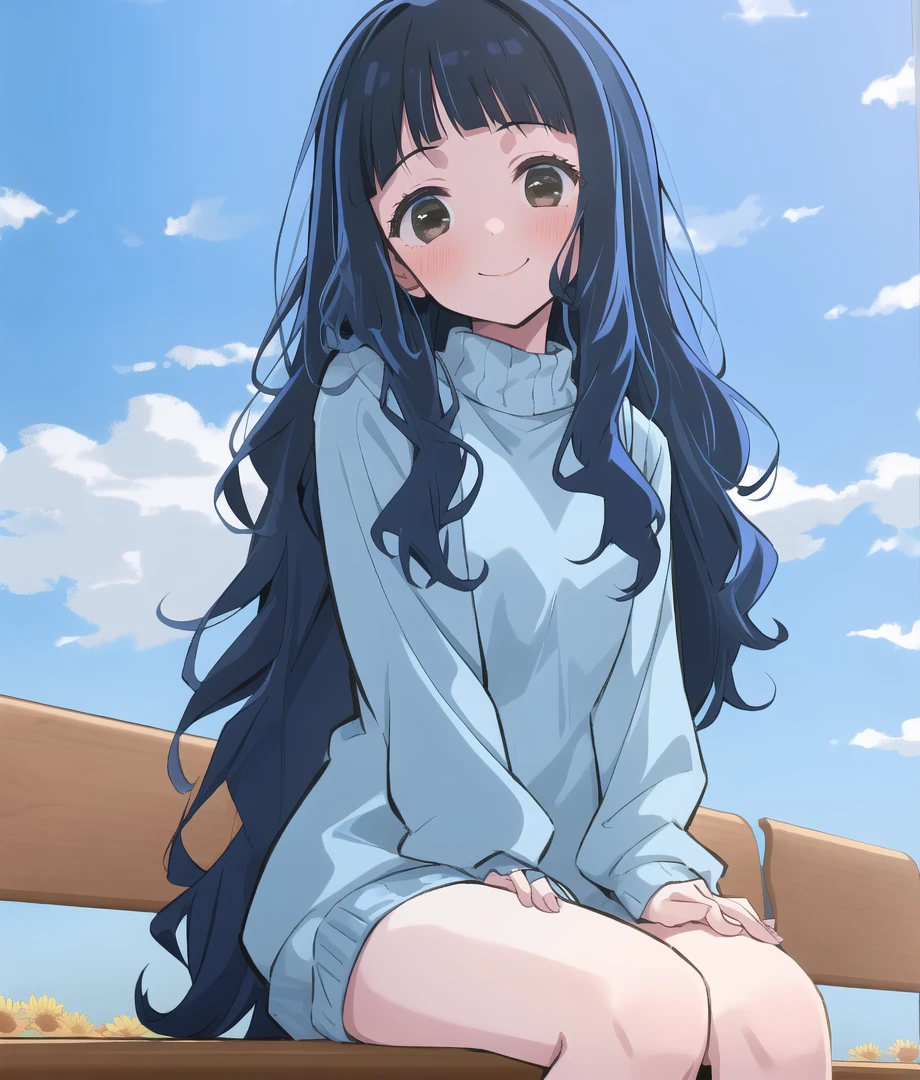 SumiYuki; fanart; 1girl, black hair, sweater, red ribbon, ((hand between legs)), very long hair, blue background, cloud, ribbon, blue sweater, long hair, smile, looking at viewer, blush, blue sky, park, sitting, flowers, thigh, bench, from below, road, japanese street
<lyco:oshinoko-s1-step-60000:1.0> <lyco:GoodHands-beta2:1.0>