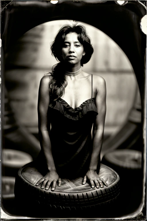 photo of a woman ((peeking out from inside stack of tires)), wearing dress made of tires, high quality photography, RAW photo, perfectly lit, dark background, backlit, lens distortion, WetPlateCollodion
 <lora:Wet Plate Collodion_v01:1>