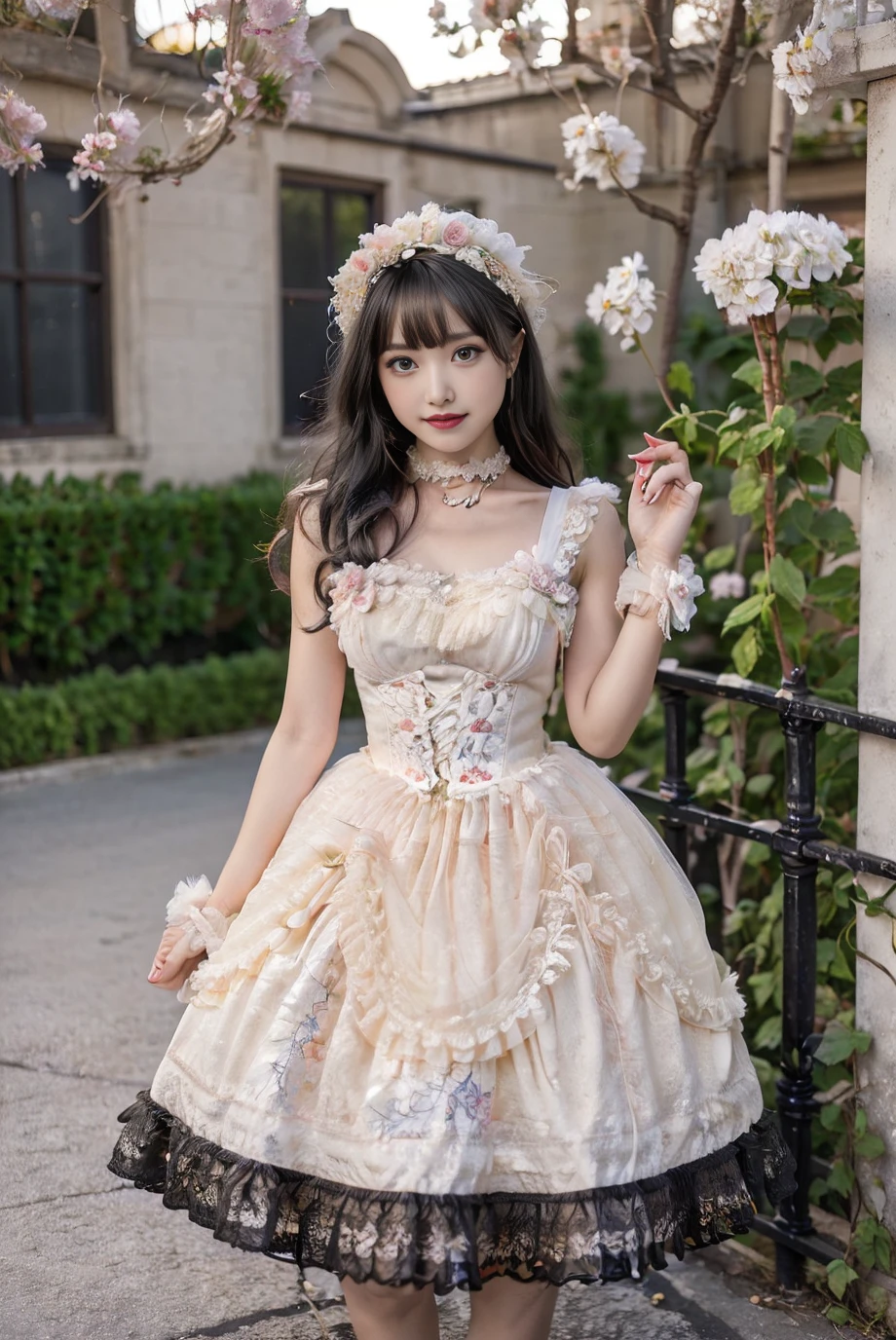 realistic, photorealistic, 8k, ultra detail, HDR, masterpiece, best quality, lo_dress, garden, flower, 1girl, solo, slim, smile, cute, looking at viewer, long black hair, standing, colorful, detailed background, <lora:Cute Asian Face:0.8>, <lora:lo_dress_floral_style1_v2:0.7>