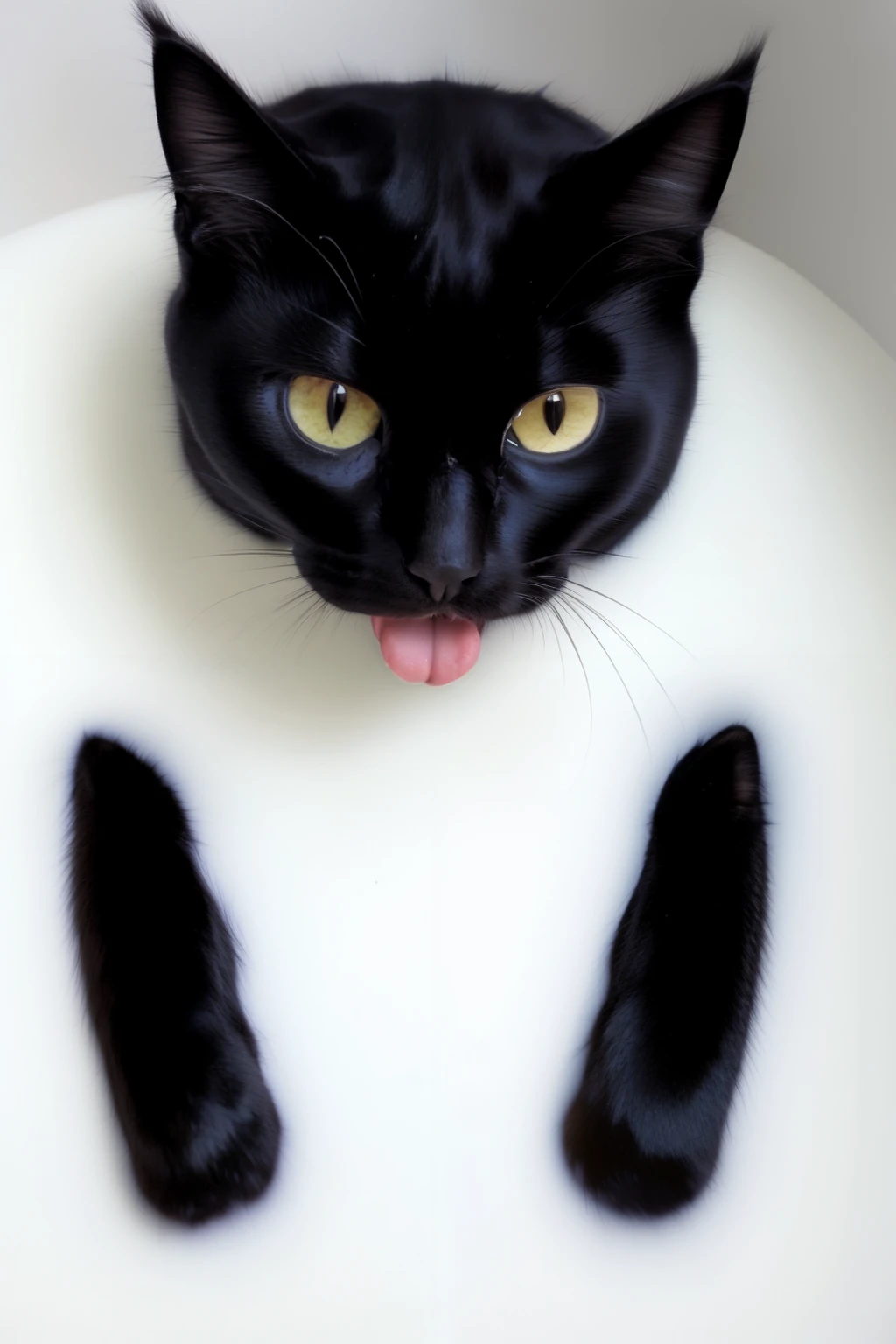 <lora:MilkAndHoney2:0.7>(cat:1.3) lying in milkandhoney, tongue out, licking milk, (milk on fur:1)